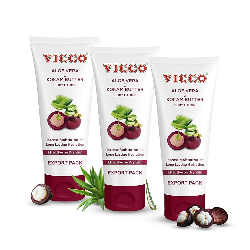 Loção Vicco com Aloe Vera e Mangostão (manteiga de kokum) para Corpo, Mãos e Rosto, 200 mL, Pacote com 3