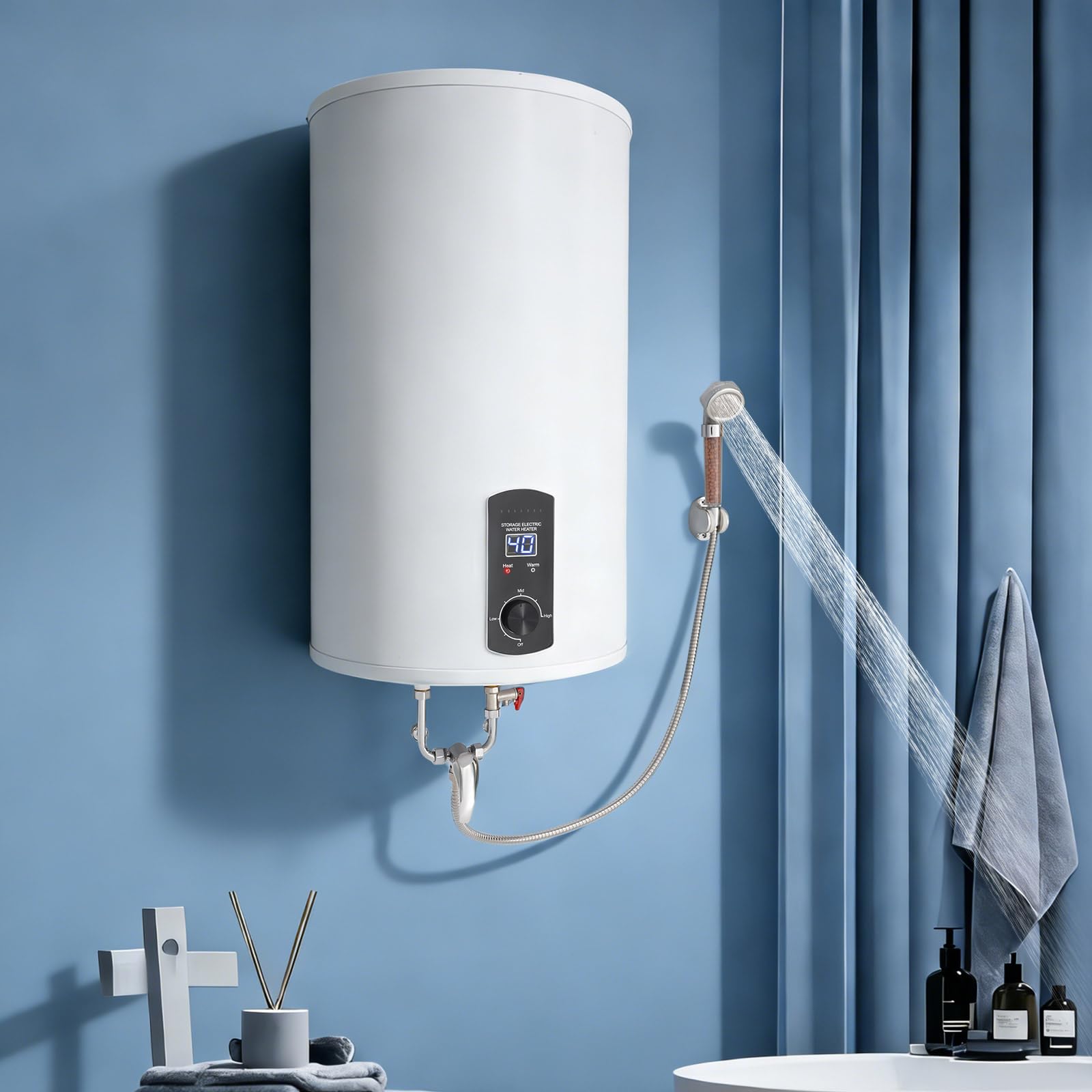 Scaldabagno elettrico da 220 V, 2000 W, 70 l, con pratica doccia, indicatore di temperatura e protezione contro le perdite, scaldabagno elettrico (bianco)