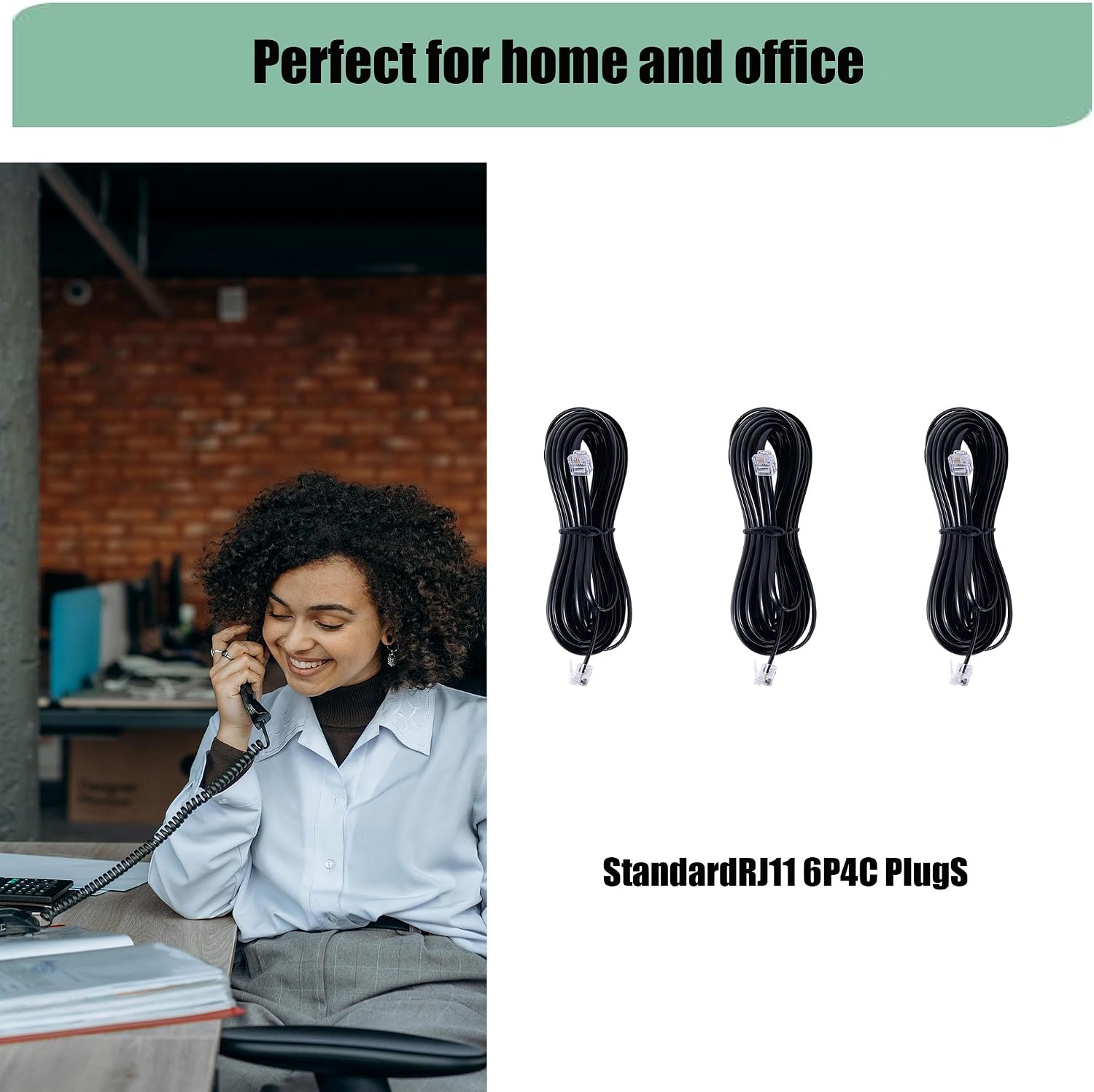 3Pack RJ11 Cable Phone Cord for Landline - 6ft Telephone Cord - Male to Male for Landline Phone and Fax - Black