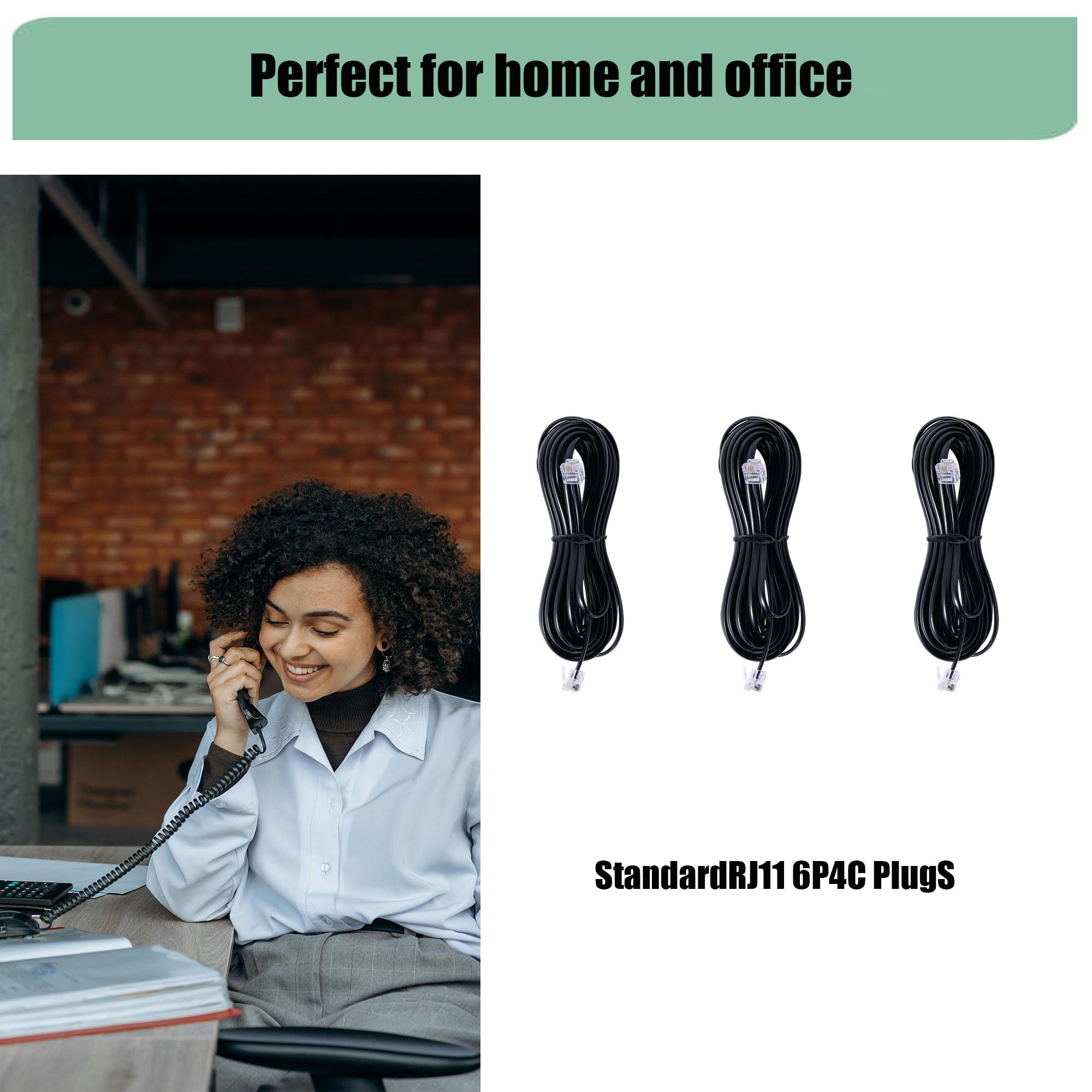 Langes Telefon-Verlängerungskabel, Telefonkabel, Leitungsdraht, mit Standard-RJ11-Stecker und 2,5 cm-Kupplungen und 30 Kabel-Clip-Haltern, Weiß, 1,8 m, 3 Stück, Schwarz