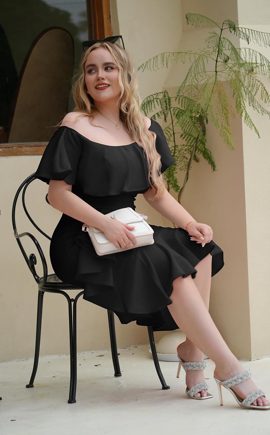 GOBLES Women's Elegant Off The Sholder Back Zipper Ruffles Bodycon Midi Cocktail Dress - Image 4