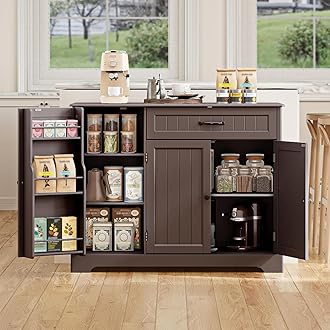 Gizoon Kitchen Sideboard Buffet Cabinet with Storage Small Coffee Bar Cabinet with Drawer, Kitchen Pantry Storage Cabinet with Door and Shelves for Bathroom and Living Room, Dark Brown