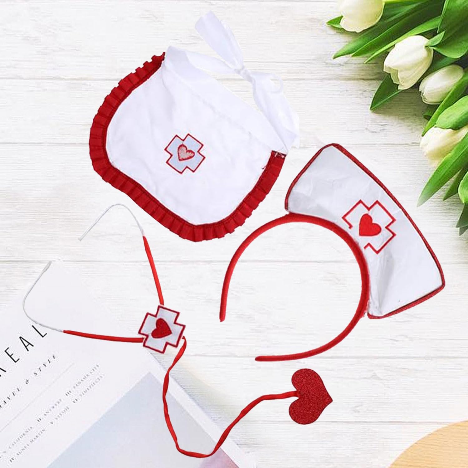 HAICN 4Pieces Halloween Nurse Costume Set Nurse Headband Apron Stethoscope with Stockings Fashion Naughty Nurses Role Play Costume Outfit for Women Halloween Accessory Valentines - Image 3