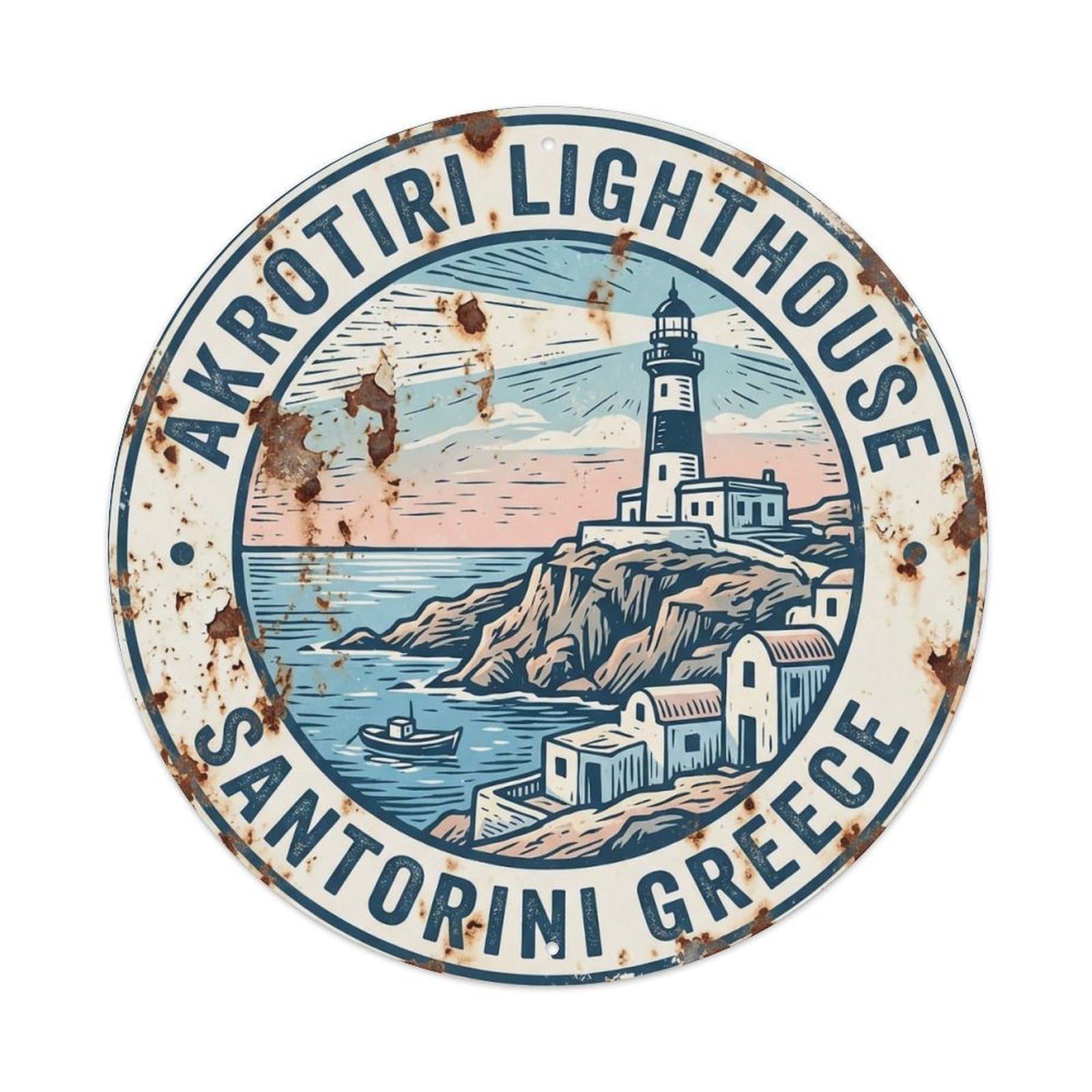 Fqnyr Style Metal Tin Sign Vintage Travel Akrotiri Santorini Lighthouse