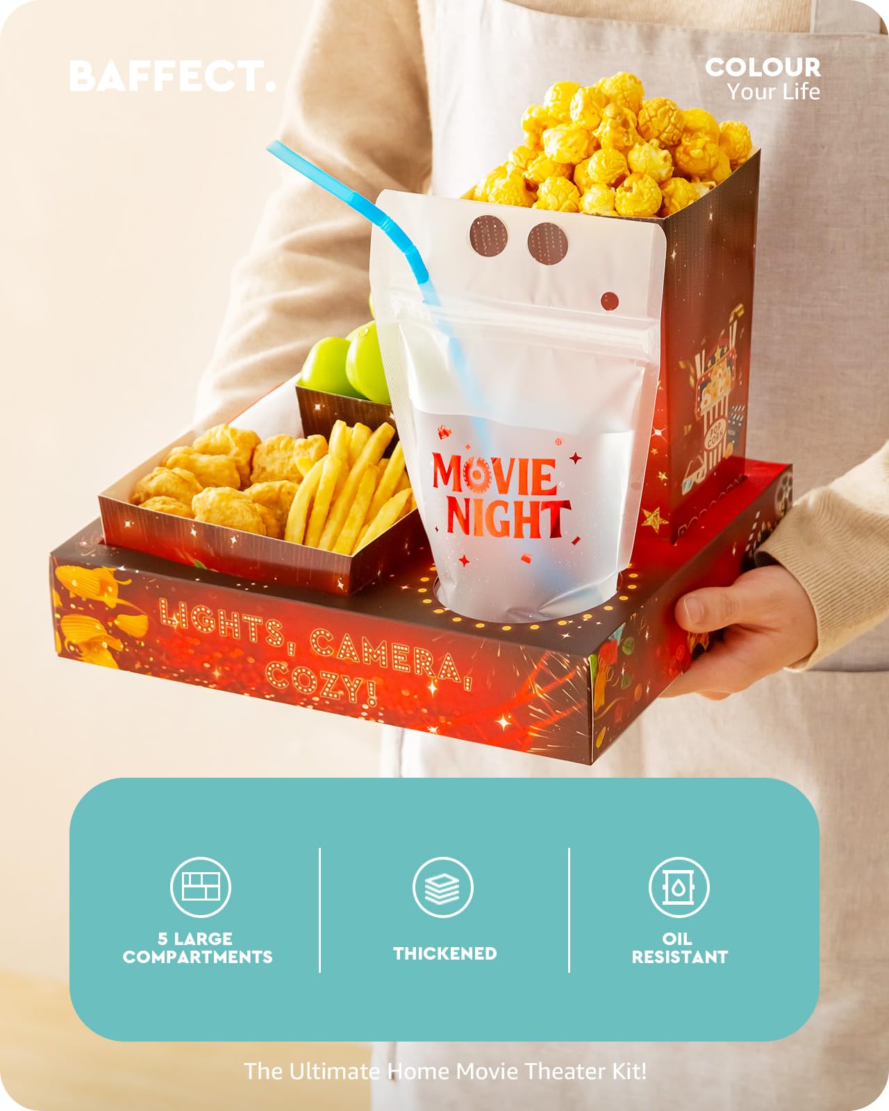 Baffect Filmabend-Snack-Tabletts, 140 Stück, inklusive Film-Snack-Tabletts, Getränkebeutel mit Strohhalmen, Popcorn-Boxen, Salatschüsseln, Nacho-Schalen und Film-Party-Einladungen, für 20
