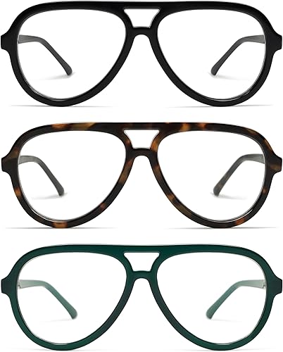 AMOMOMA Paquete de 3 lentes de lectura retro estilo aviador para mujeres y hombres, marco de computadora con luz azul para lector grande clásico de