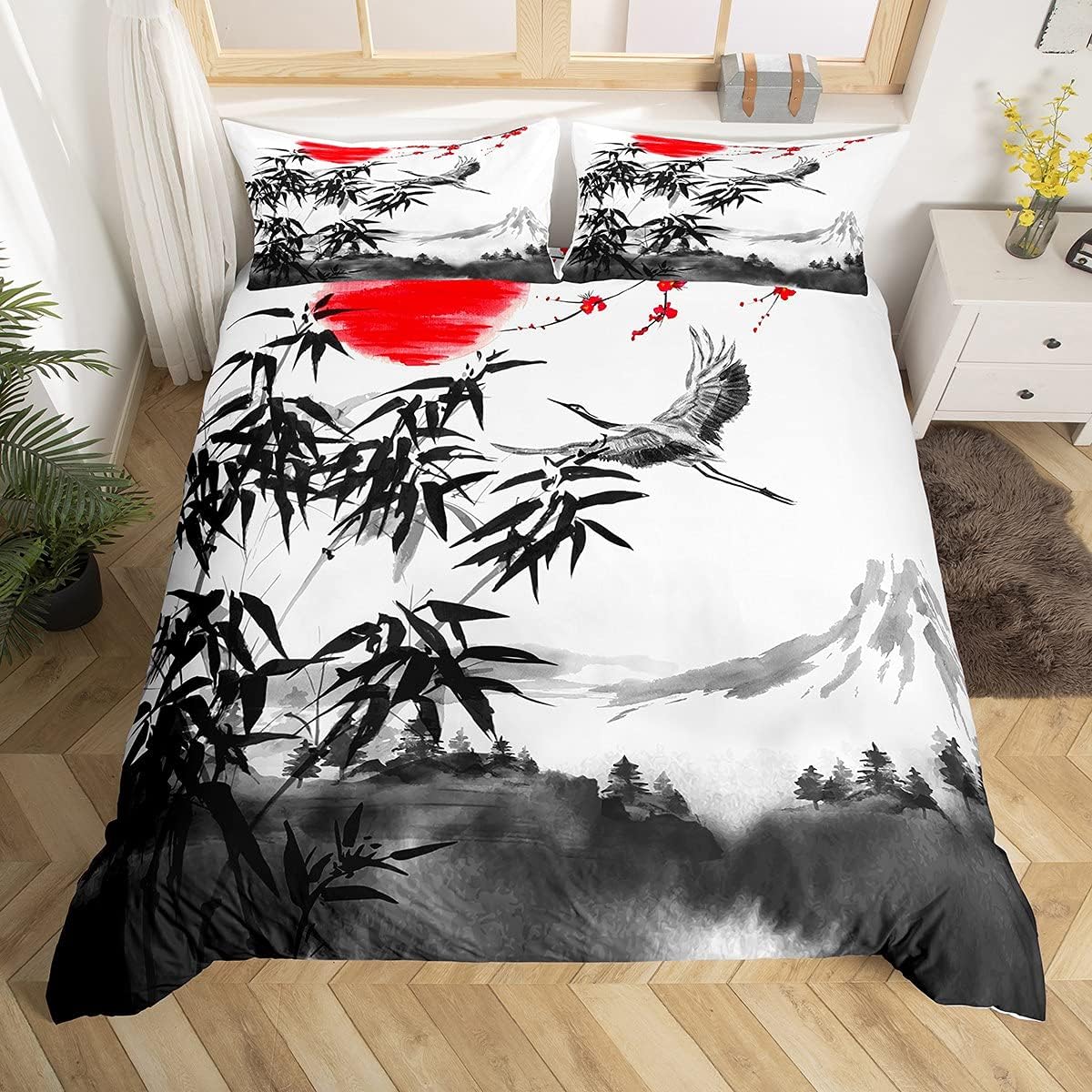 Homewish JapaneseStyle Duvet Cover Mountain Crane Bedding Set Super