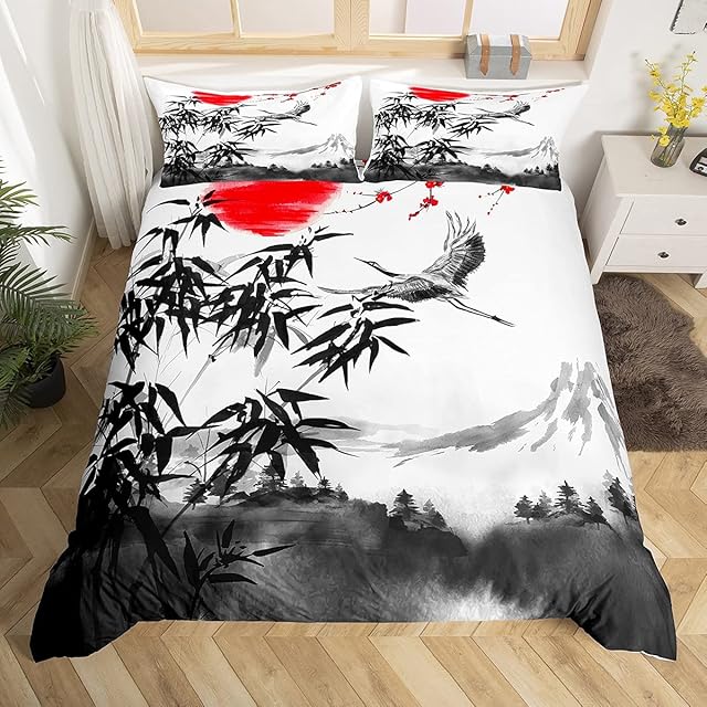 Homewish Japanese-Style Duvet Cover Mountain Crane Bedding Set Double Size For Kids Teens Adult Bamboo Leaves Sun Quilt Cover Vintage Style Comforter Cover Lightweight Bedroom Decor Grey White