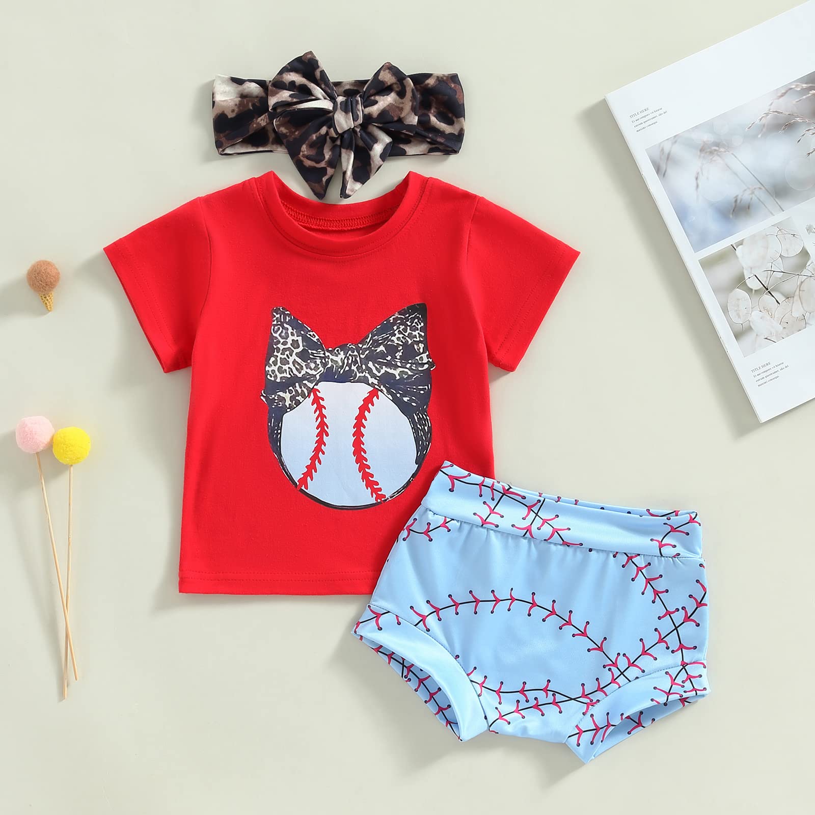 LAGKIYOJ Newborn Baby Girl Clothes Letter Print Short Sleeve Romper Tops Baseball Shorts Headband 3pcs Cute Summer Outfit