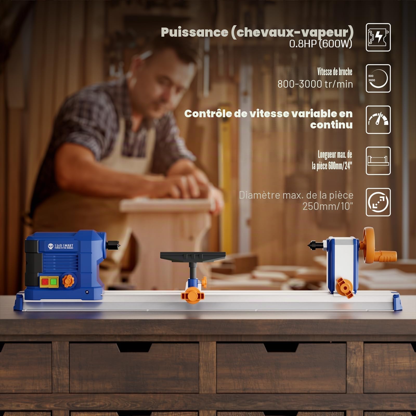 sainsmart Tour de Table, 10 x 24 Pouces, 600 W, 0,8 CV, avec réglage de Vitesse en continu de 800 à 3000 TR/Min, Tour à Bois avec Accessoires complets pour Le Travail du Bois