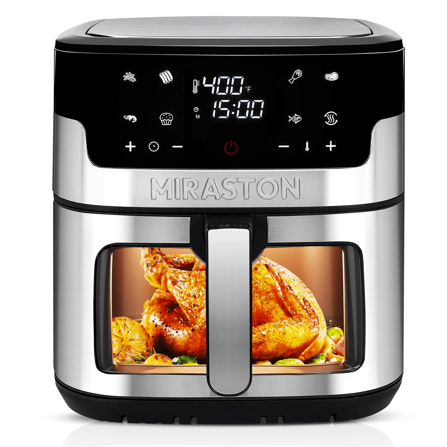 MIRASTON Air Fryer, 8.5QT Family Size Digital Air Fryers, BPA-Free, Smart Touchscreen with 8-Preset, Air Frying, Reheat Leftovers, Party Food, Fast Cooking, Dishwasher-Safe, Stainless Steel