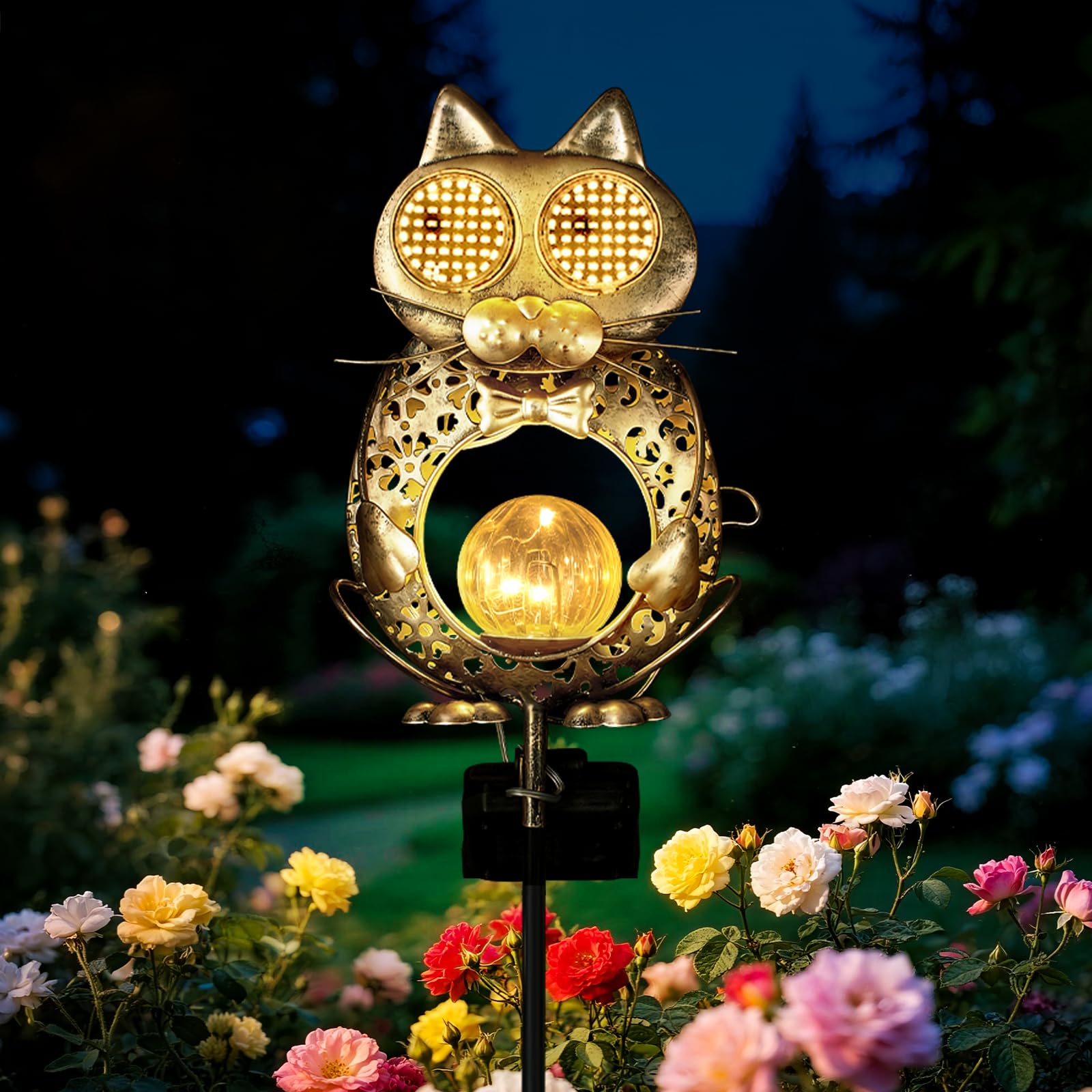Global Golden Solar Light Outdoor Garden-Weatherproof Cat Solar garden Light with Auto On/Off, 2 Mode LED Lights, Dynamic Eye Lighting for Patio, Yard, Pathway Decoration-Birthday Gifts for Women, Mum