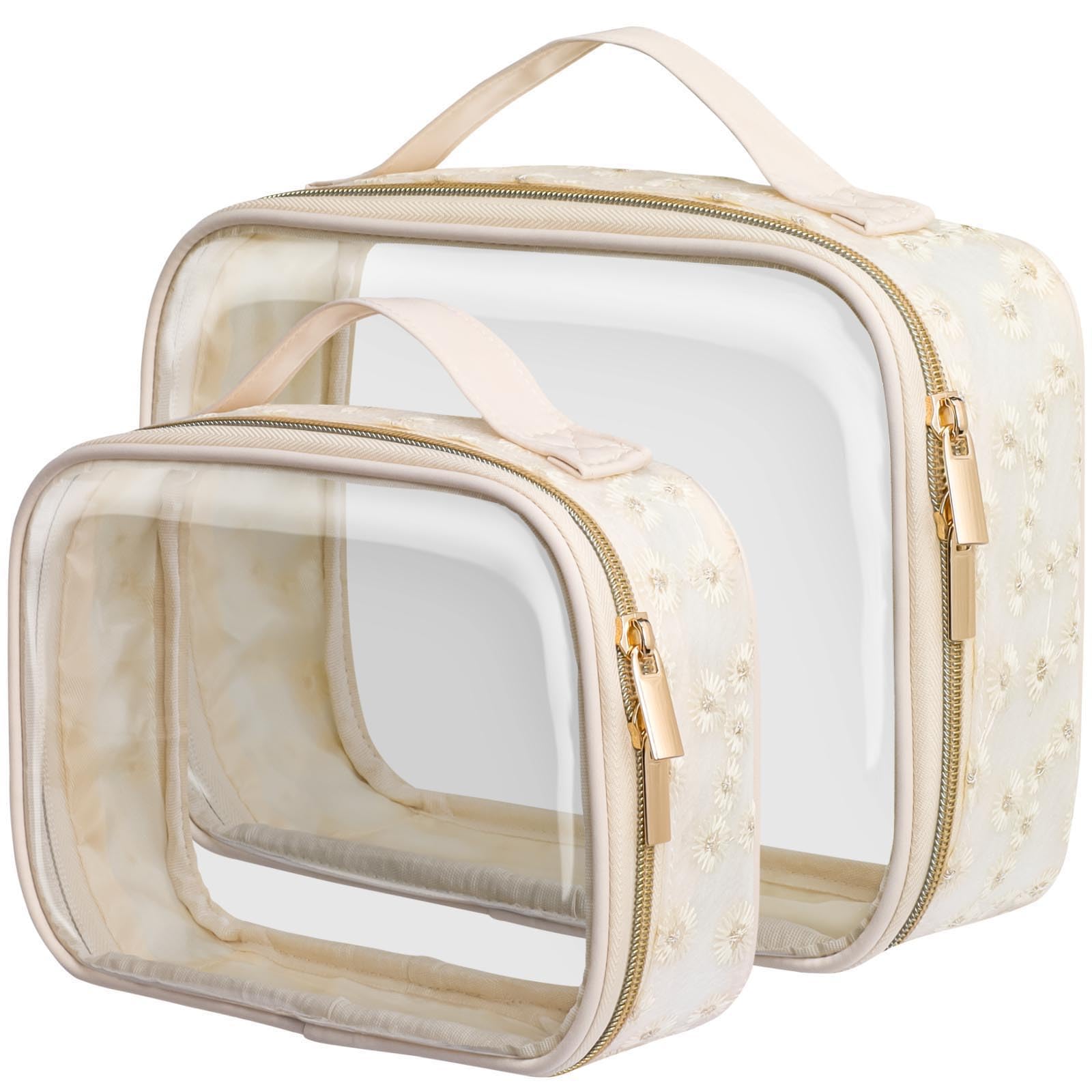 PACKISM Floral Texture Lace TSA Approved Toiletry Bag 1 Large 1 Medium - 2 Pack 180° Large Opening Clear Makeup Bags, TSA Clear Toiletry Bag with Handle, 0.5 mm Thick Non-deformable No Smell, Beige
