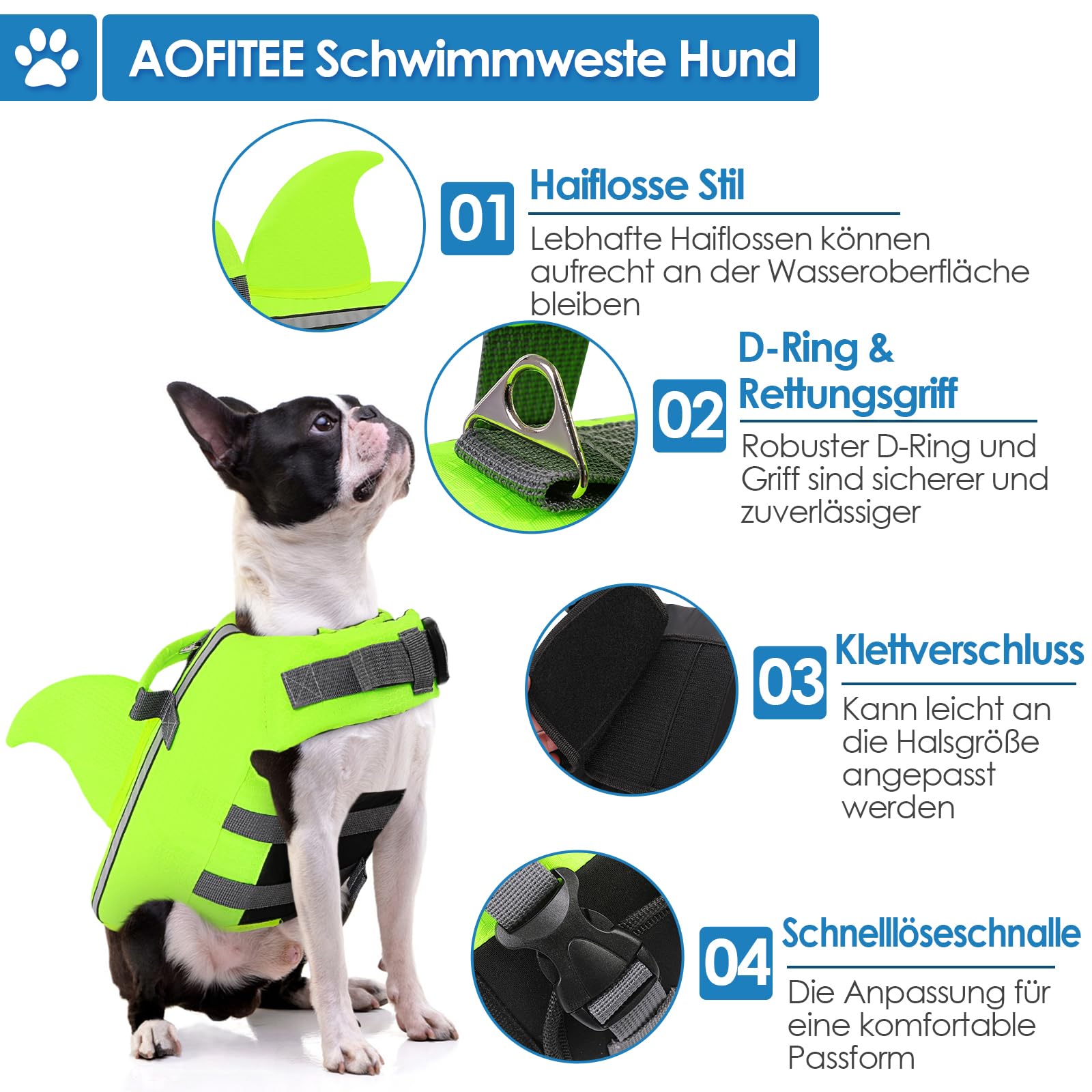 AOFITEE Gilet de Sauvetage pour Chien avec Nageoire - Réglable Gilet de Natation pour Chien Petit et Moyen Haute Flottabilité, Poignée de Sauvetage, Bandes Réfléchissantes - pour Natation, Bateau