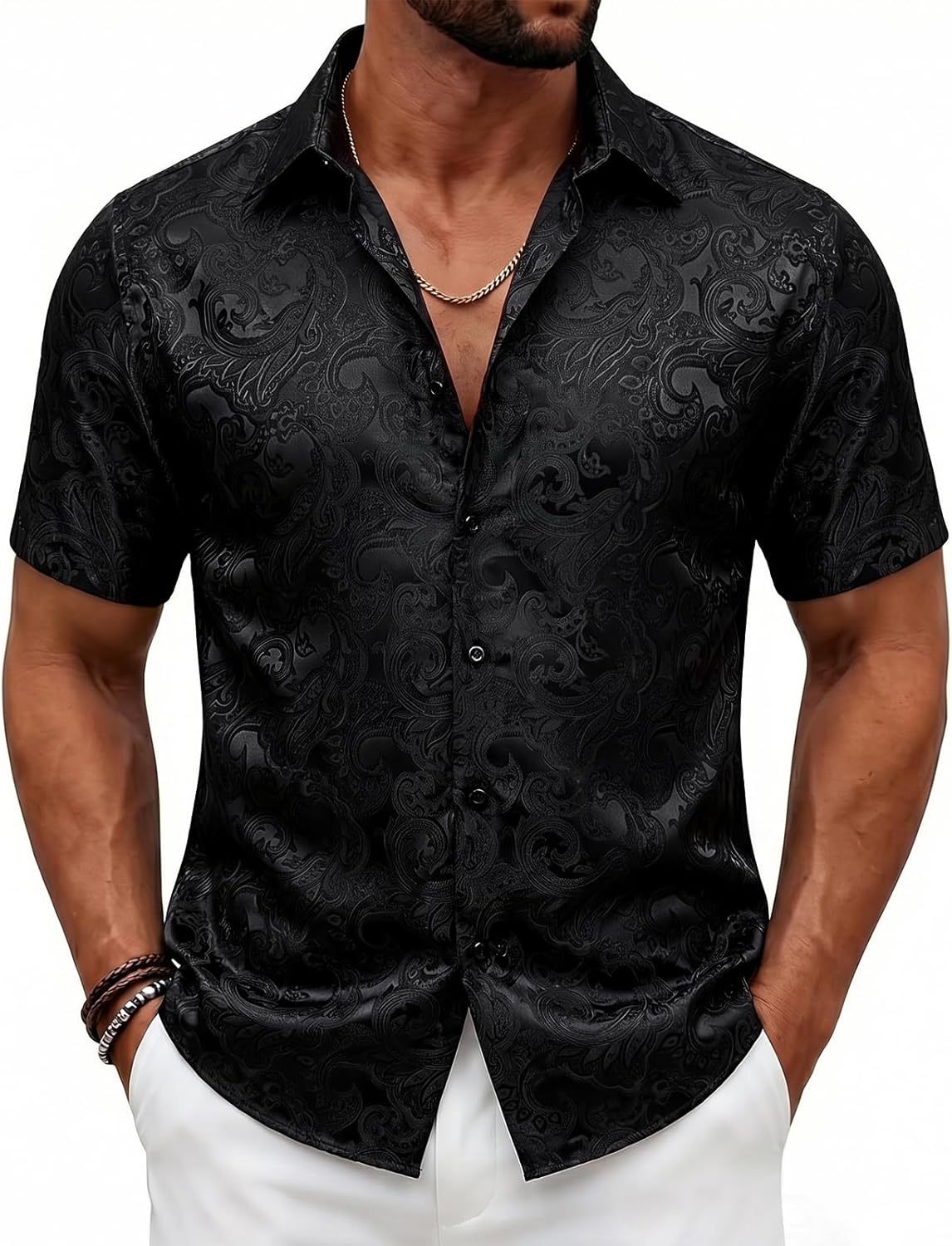 DiBanGu Men's Short Sleeve Shirts Silk Paisley Floral Dress Shirt Button Down Shirts Tropical Holiday Beach Shirts