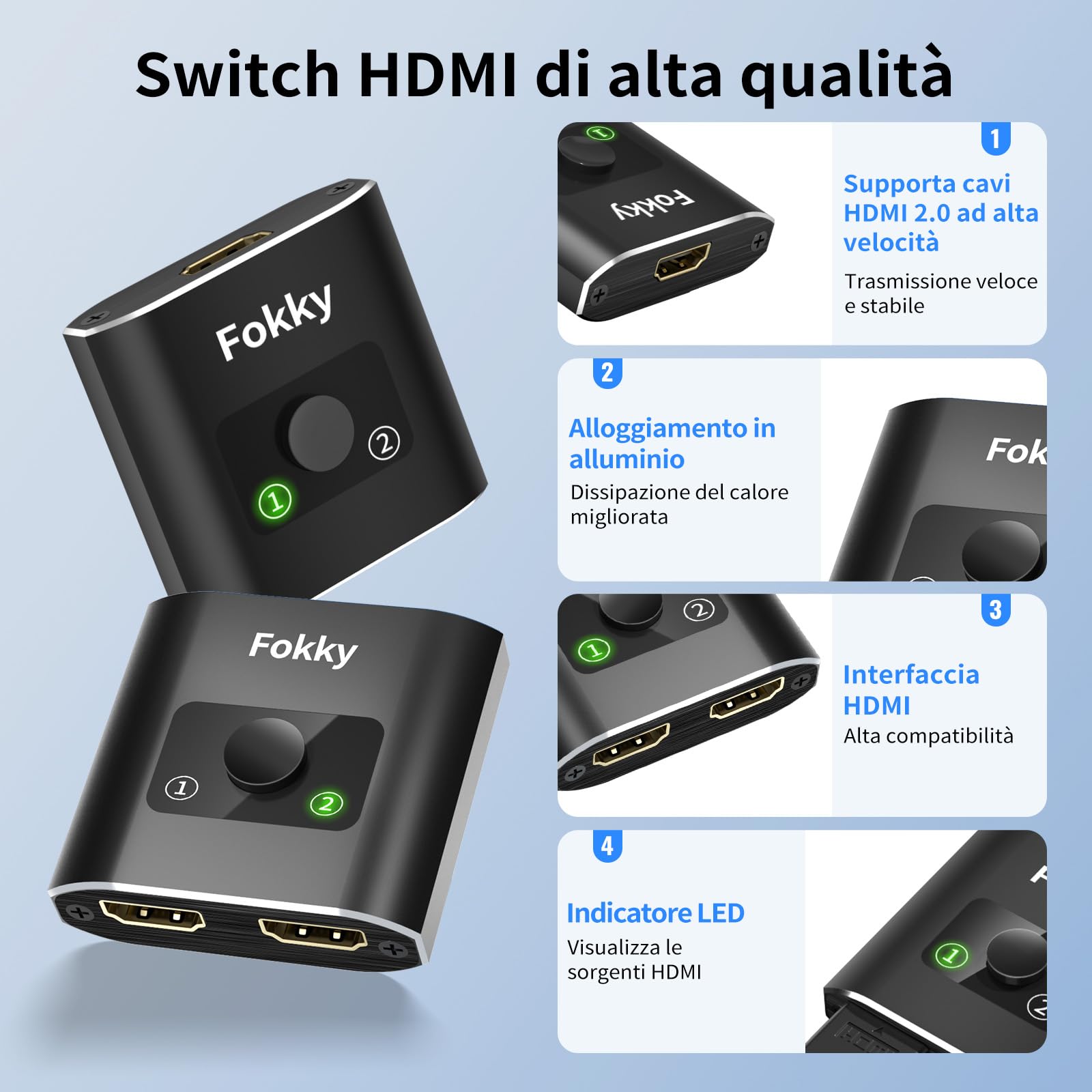 Fokky Switch HDMI sdoppiatore hdmi, Switch Bidirezionale 2 Ingressi 1 Uscita / 1 Ingressi 2 Uscita, Supporta 1080p 3D 4K@30hz HDCP, splitter Per HDTV, PS4, PS5, Blu-Ray Player, DVD,