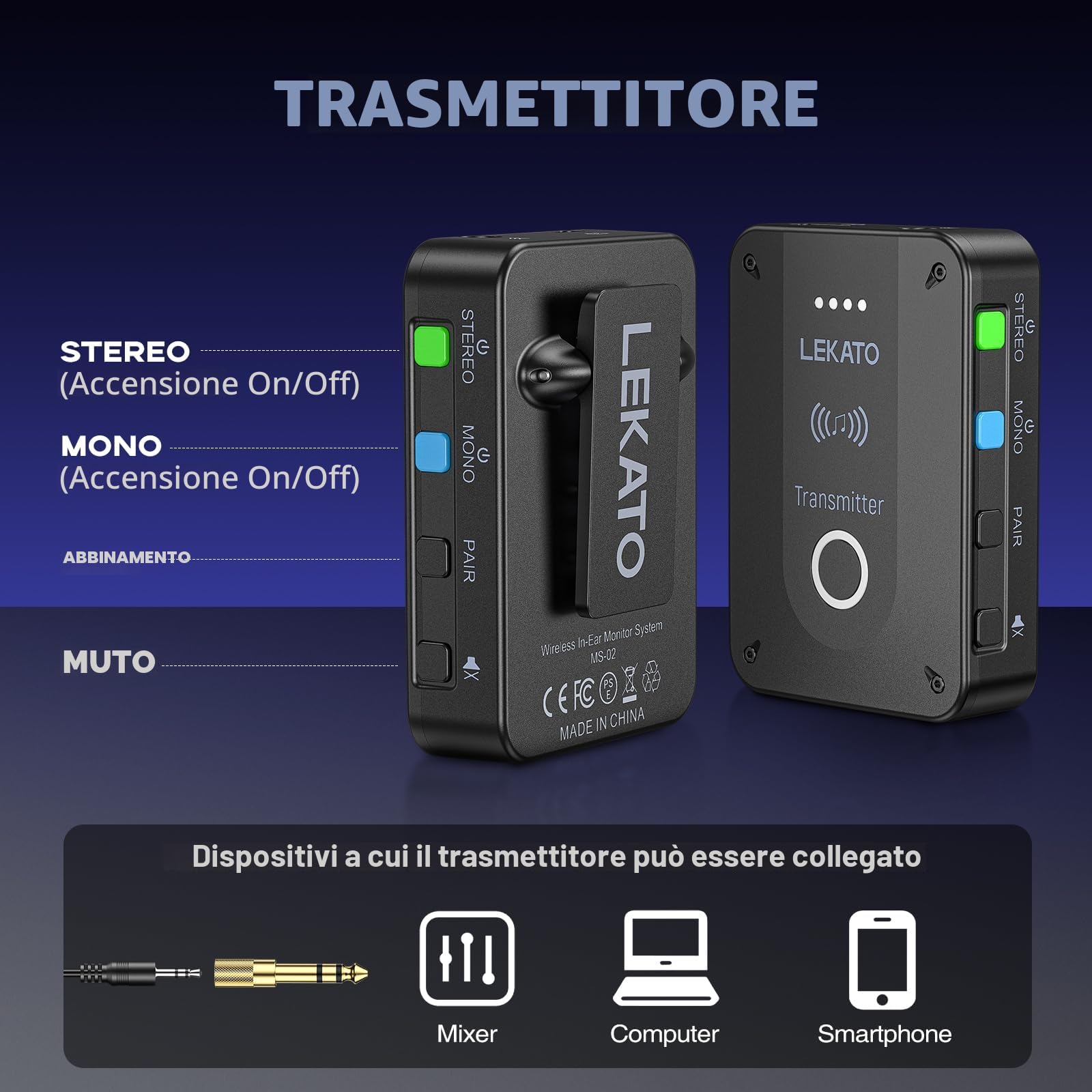 LEKATO MS-02 In-Ear Monitor, sistema di monitoraggio in-ear wireless stereo/mono 2.4G, sistema IEM wireless personale professionale per prove di band, esibizioni dal vivo e amplificatore per chitarra