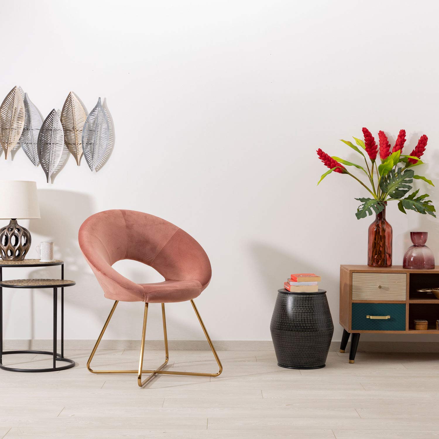 MONTEMAGGI Samt Sessel mit goldenen Beinen, kreisförmig, Bürosessel, Wohnzimmersessel, ergonomische Sitzen, 71 x 59 x 84 cm - Puderrosa