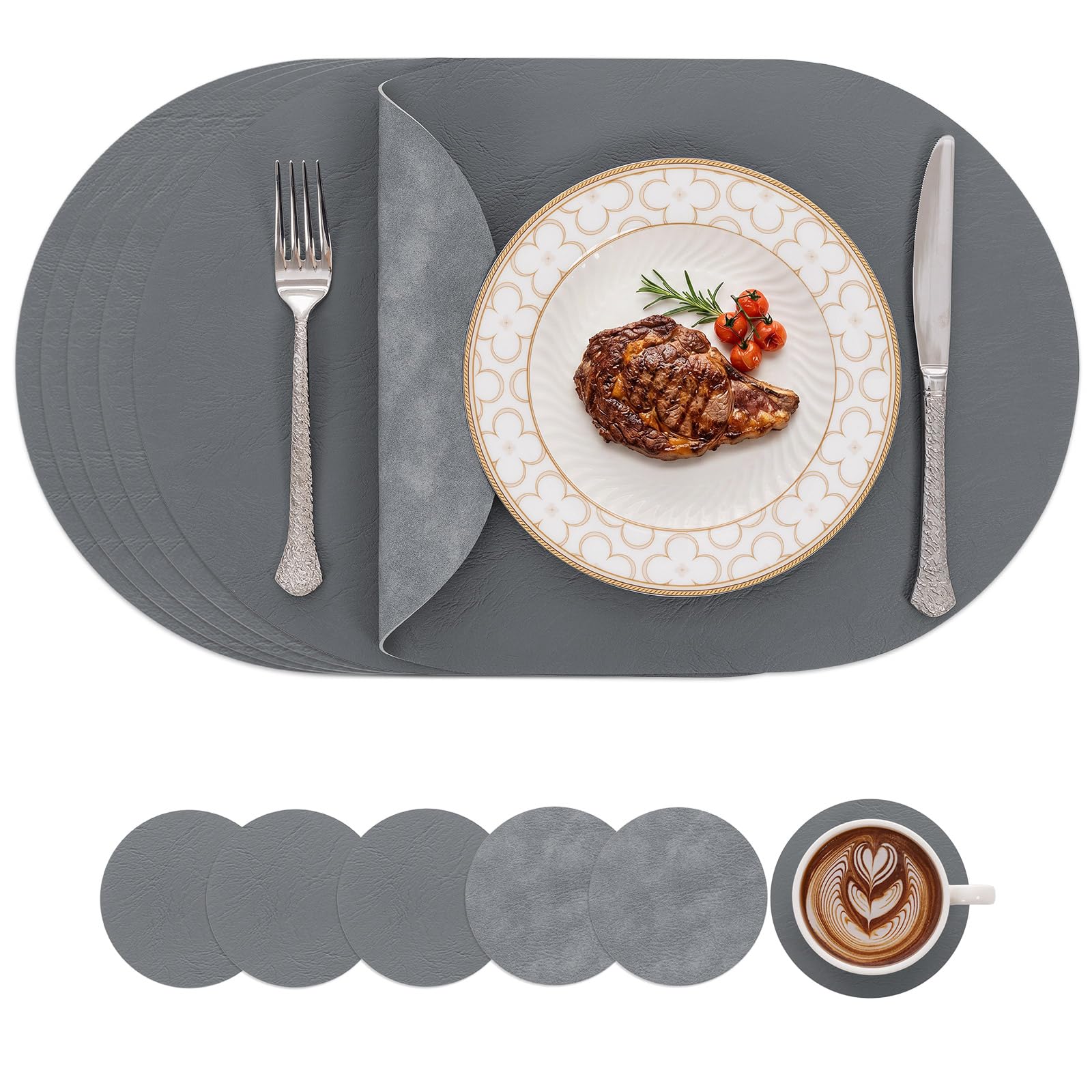 SHACOS Leather Table Mats Set of 6 Washable Dual Sided Placemat Heat Resistant Wipeable Placemats and Coasters Non Slip Waterproof Place Mat for Kitchen Dining Grey