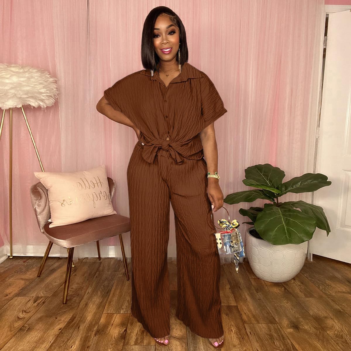 Casual Two Piece Set for Women - Button Down Shirt and Wide Leg Pants Matching Set Tracksuits - Image 4