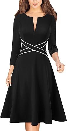 VFSHOW Womens Patchwork Colorblock Work Business Office Elegant Zipper up Slim A-Line Skater Dress