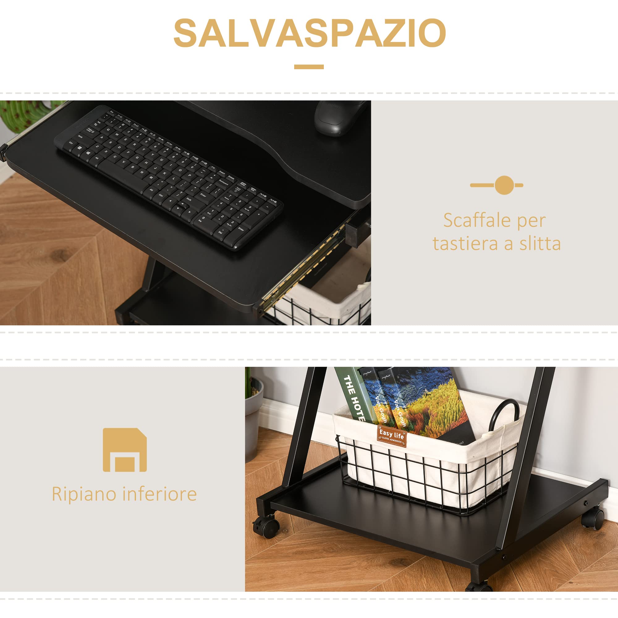 HOMCOM Scrivania per Computer Porta PC Classico e Salvaspazio, Scrivania per cameretta con Piano Tastiera a Scomparsa, 4 Ruote e Ripiano Inferiore Nero 60x48x73cm