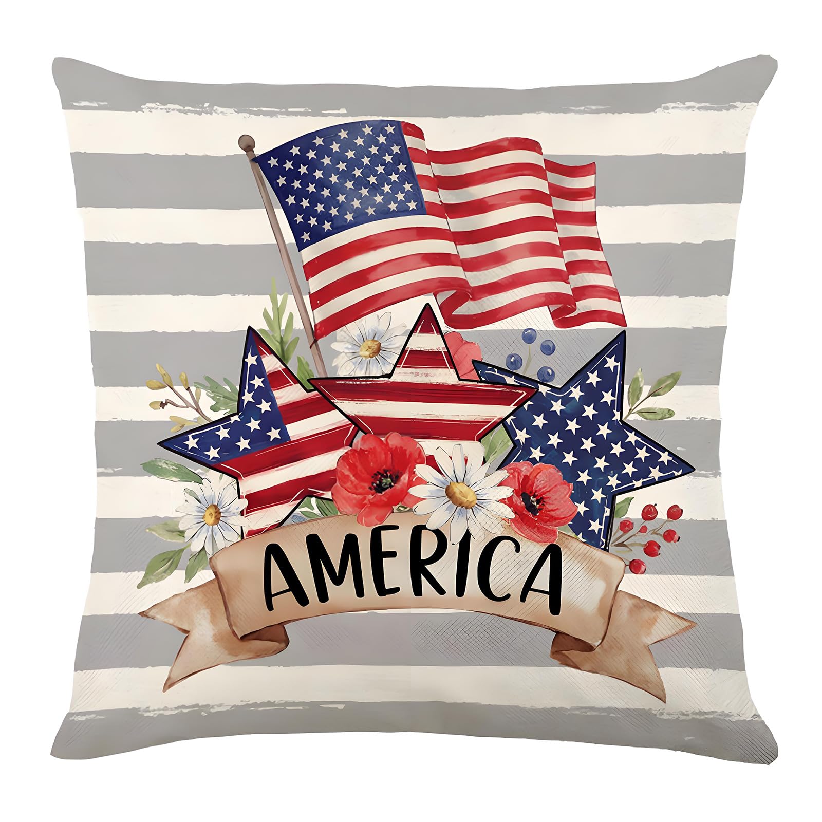 Jazuaiao Patriotic US Star Stripes Throw Pillow Case with Wreath Pattern 4th of July Cushion Cover for Holiday Homes Decoration Independance Wreath Pillow Cover