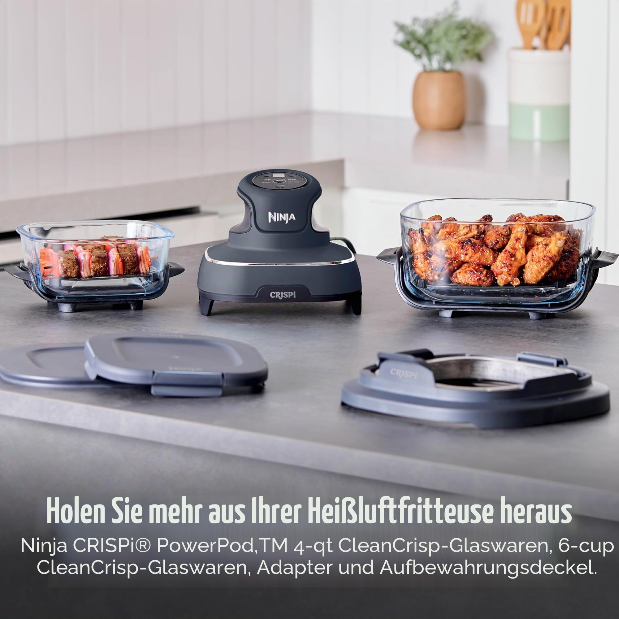Ninja Crispi – Tragbares Kochsystem mit Crispi PowerPod, 6 Tassen und 4 Tempware-Glas-Tassen, hitzebeständig, Aufbewahrungsdeckel, mikrowellengeeignet