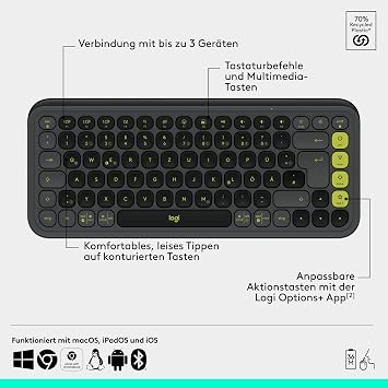 Logitech POP ICON Combo Bluetooth Keyboard Mouse Set Comfortable Typing Programmable Buttons Quiet Clicks Easy Switch for up to 3 Devices QWERTZ DEU - Graphite