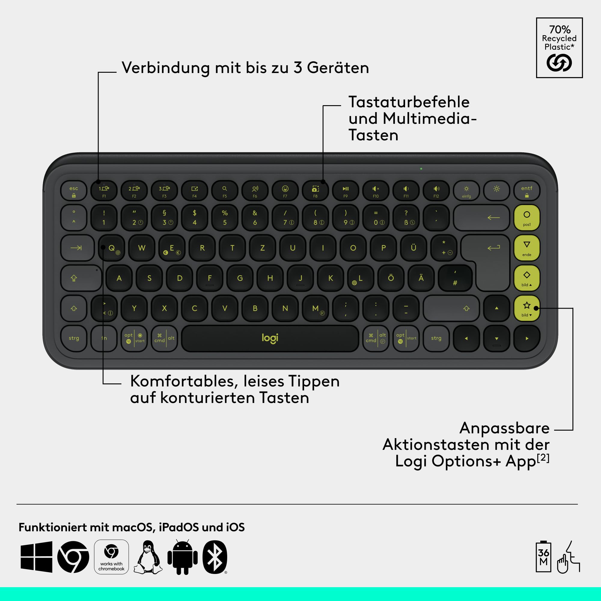 Logitech POP ICON Keys kabellose Bluetooth-Tastatur, Komfortables Tippen, POP Mouse, kompakte, Mobile kabellose Bluetooth-Maus programmierbaren Tasten und leisen Klicks, DEU QWERTZ - Grafit