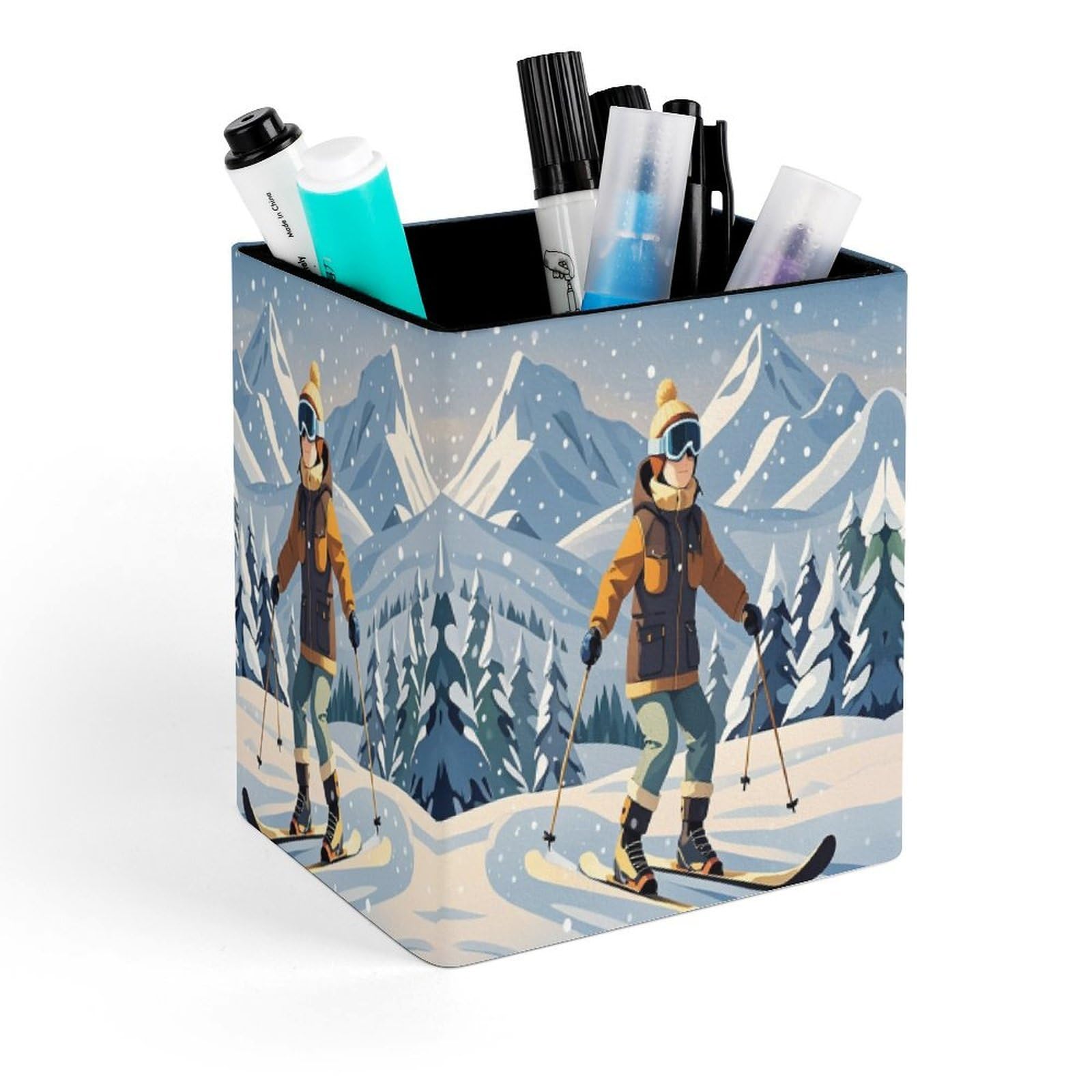 LZQPOEAS Skiing Theme Pen Holder Modern Design Desktop Stationery Organizer Simple&Modern Minimalist Makeup Organizer Multi-Functional Pencil Holder for Office Home