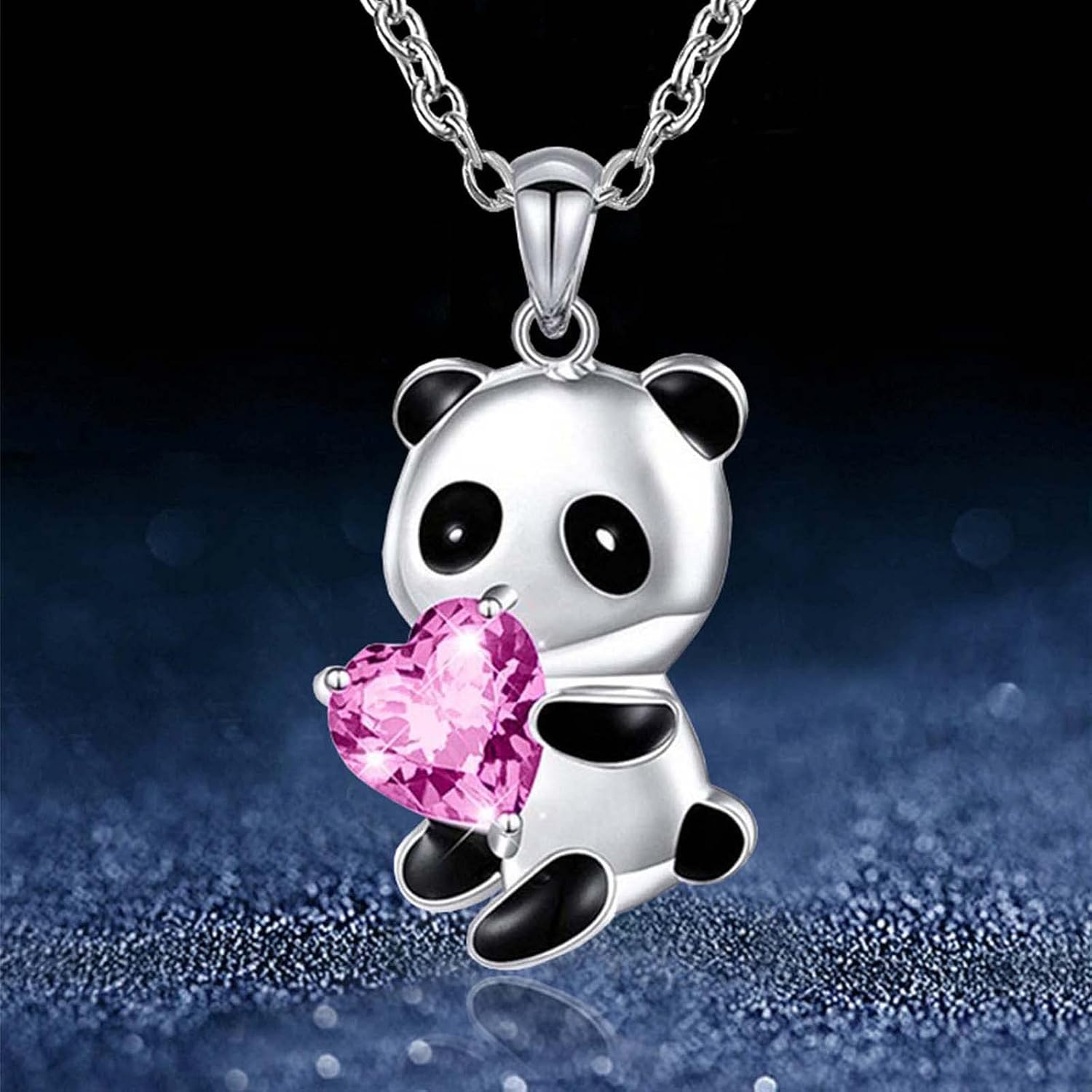 Yienate Panda Love Choker - Silver Panda Heart Crystal Bear Pendant Necklace Chain - Cute Animal Jewellery Gift for Women & Girls