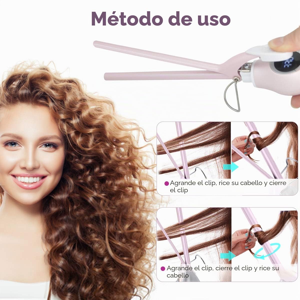 Pinzas para rizar, de 9 mm, rizador de barril de cerámica turmalina con pantalla de temperatura ajustable (140 ℃ -200 ℃), rizador fino para cabello largo y corto, contiene 1 guante y 2 clips