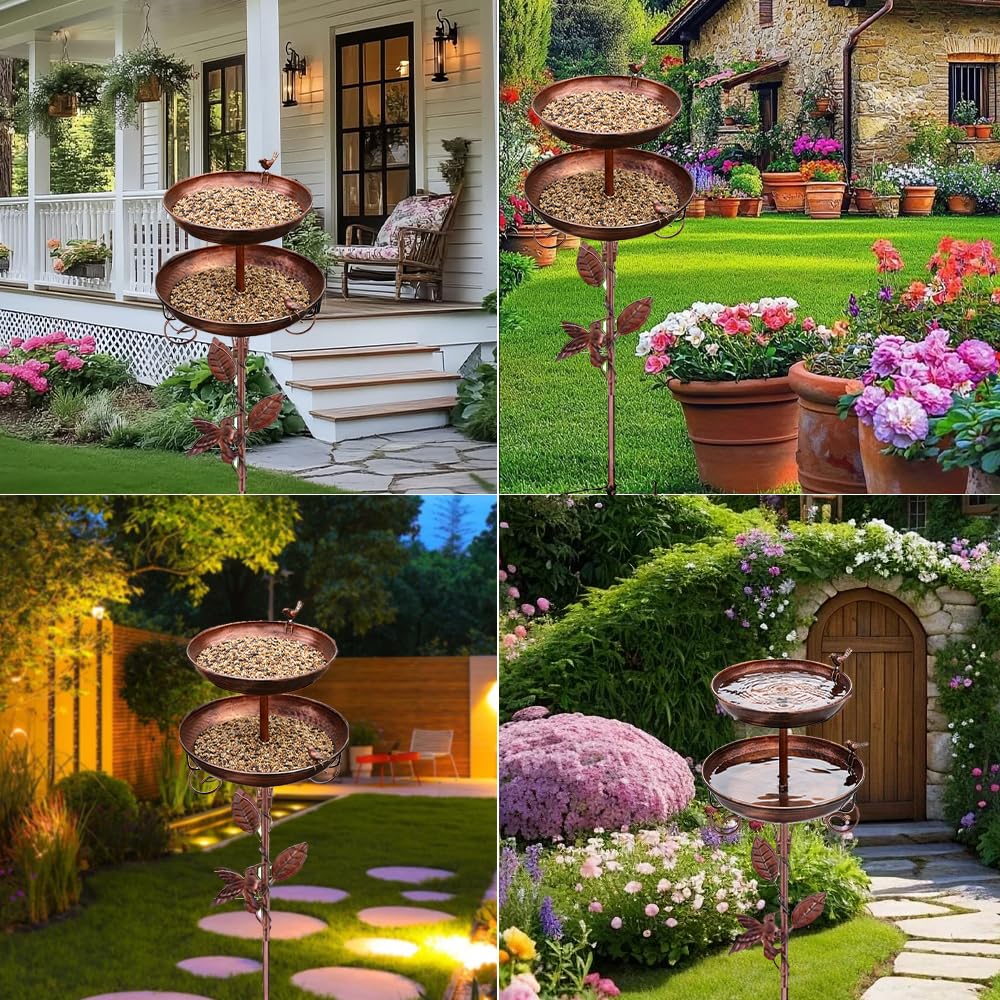 SKIKHN Comedero y Bebedero para Pájaros Exterior,117CM Metálico Bebedero para Pájaros de Pie,Baño para Pájaro para Jardín,Comedero Pajaro Exterior con Pie,Altura Baño Aves Estilo Retro Decoración — view 7