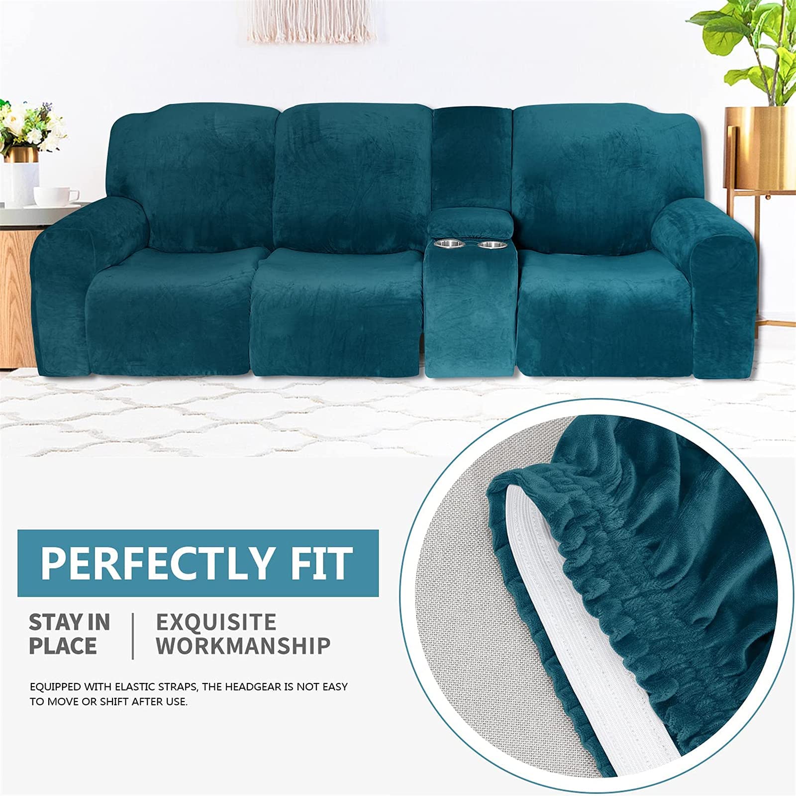Funda reclinable elástica de Terciopelo con Consola - Tela Lavable Suave y Gruesa - Color Arena de 2 a 3 plazas - ¡Proteja su sofá reclinable con Esta Funda reclinable Premium contra el Desgaste Dia