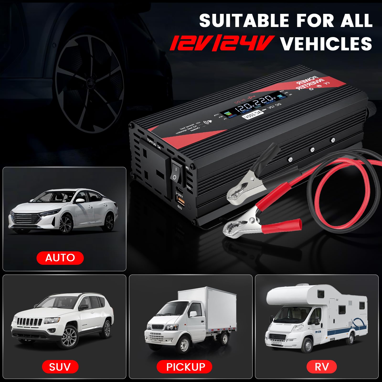 2000W Power Inverter 12V to 240V with LCD Display, 2 UK Sockets & USB Port, Modified Sine Wave Car Inverter for Camping, RV, Truck, Home Use – High Efficiency >95%, Safety Protections (Red) — view 7