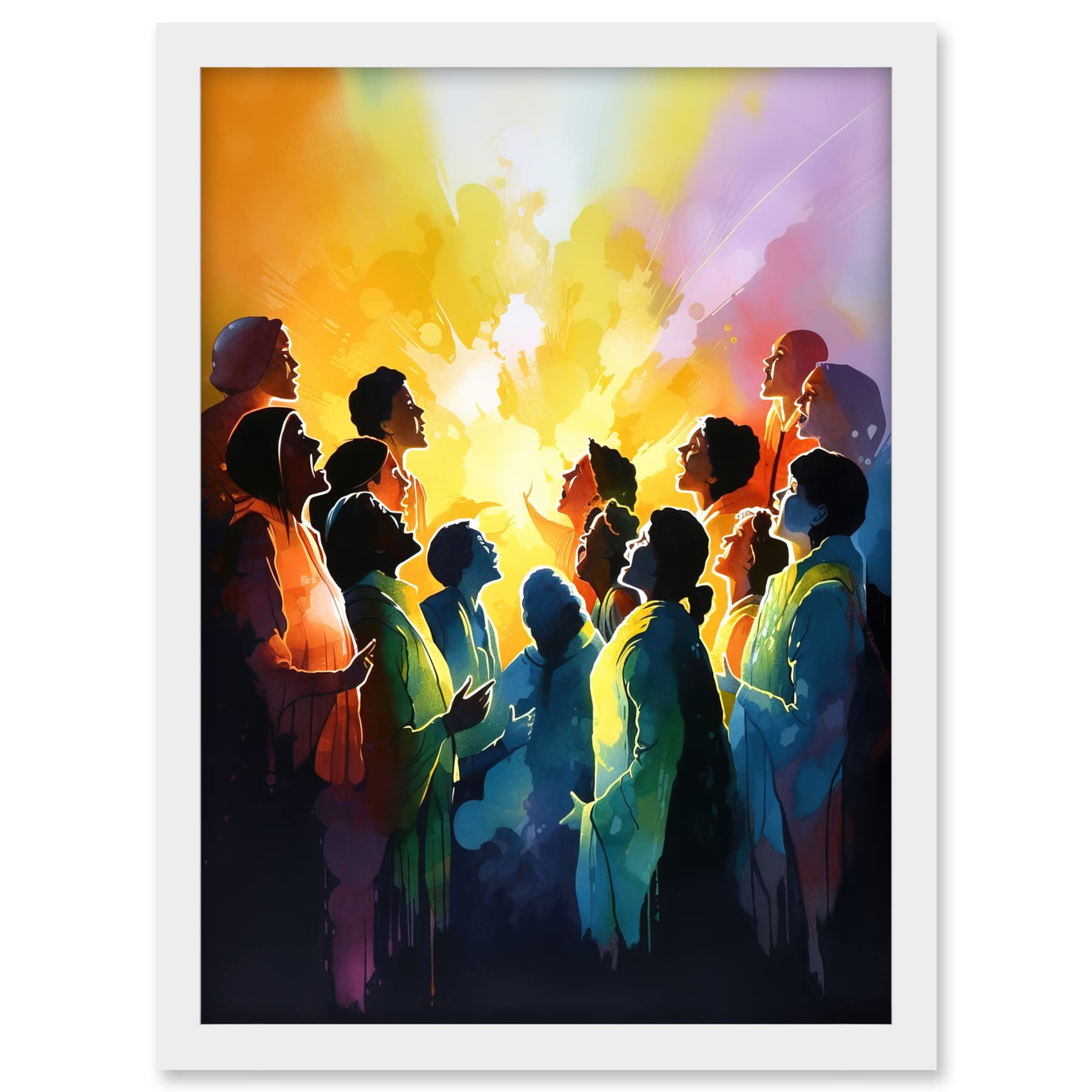 Artery8 Choir Women Singing by Bonfire Modern Rainbow Colour Watercolour Painting Artwork Framed A3 Wall Art Print