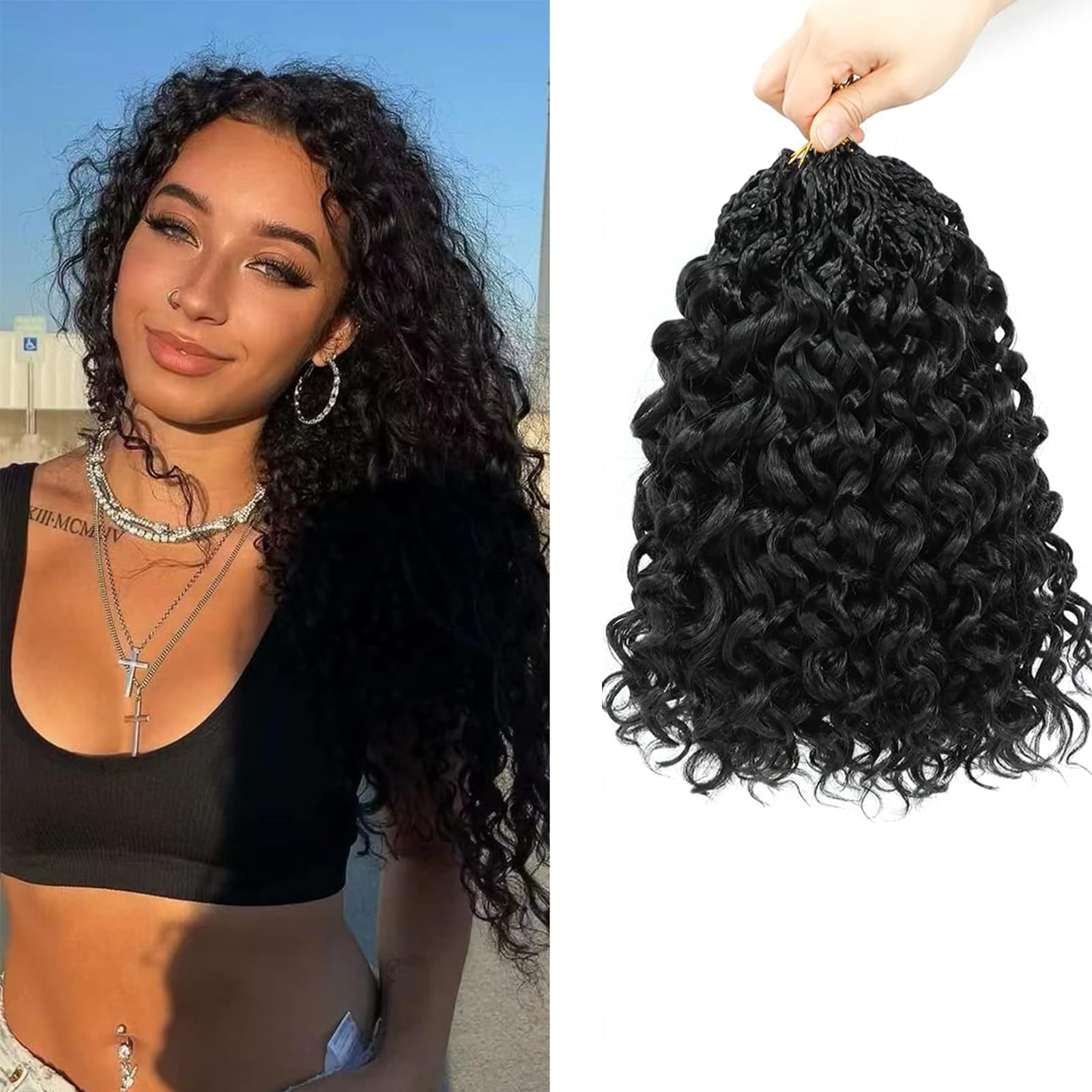 Lanse Gogo Curl Crochet Hair 18 Inch 8 Packs Black Ocean Wave Deep Twist Goddess Box Braids Pre Looped Curly Water Wave Synthetic Braiding Hair for Women Girl Kids (1B
