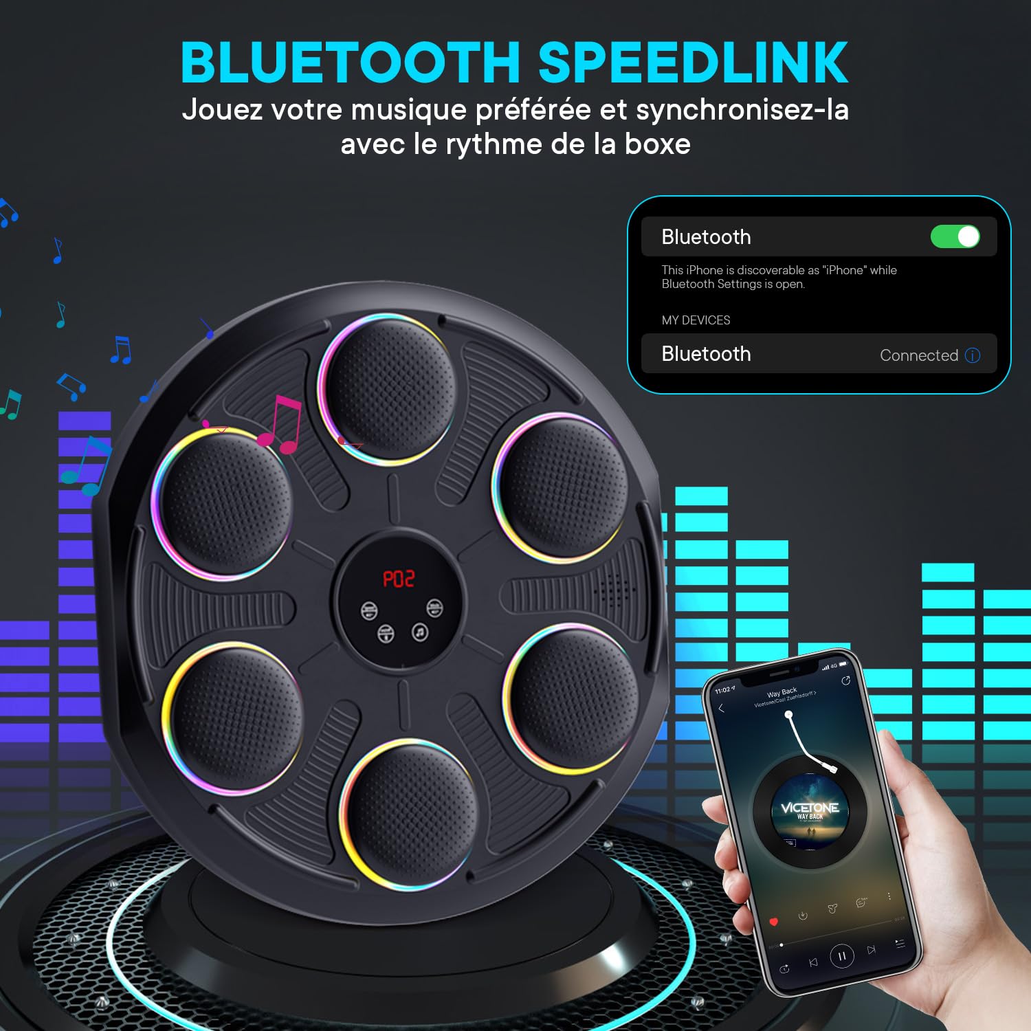 Machine de Boxe Musicale - Boîte Murale Musique, 12 Modes de Vitesse et LumièRe & Bluetooth, Gants MMA Inclus, Salle de Sport à Domicile pour Adulte et Enfant - Fitness, Loisir Familial