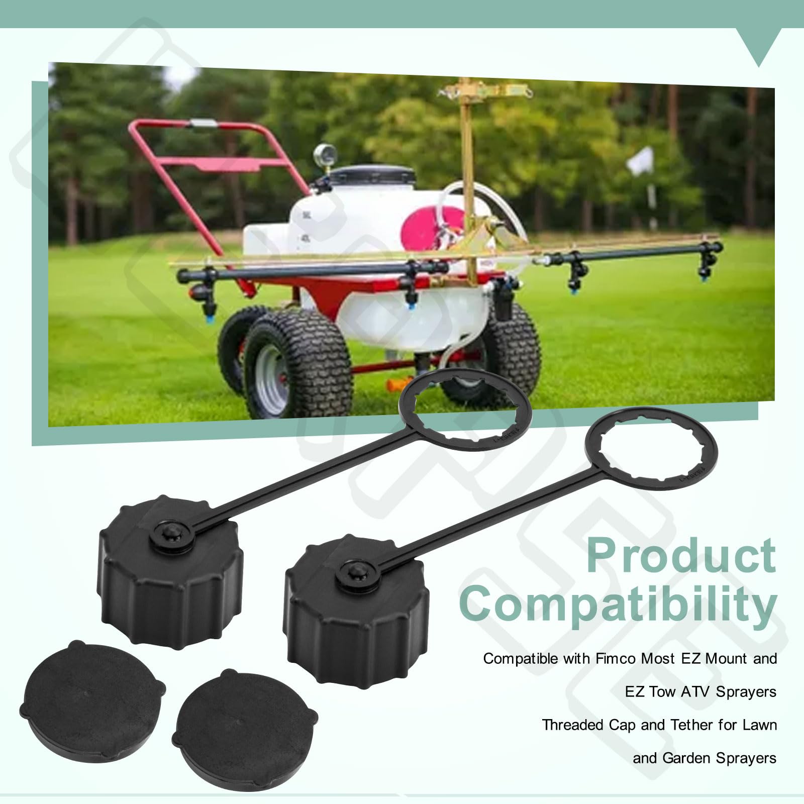 Paquete de 2 tapones y correas de drenaje para rociador 7771825 compatibles con Fimco | Para la mayoría de rociadores EZ Mount y EZ Tow ATV, tapa roscada y correa para rociadores de césped y jardín