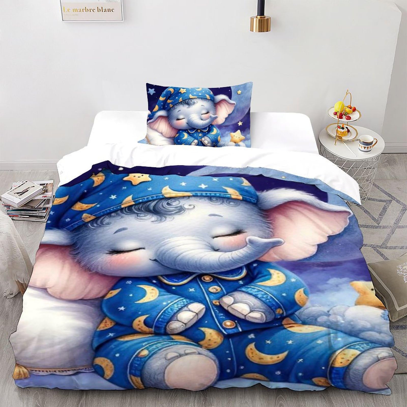 Housse de couette éléphant lune 135x200cm microfibre, le cadeau parfait pour chambre d'enfant