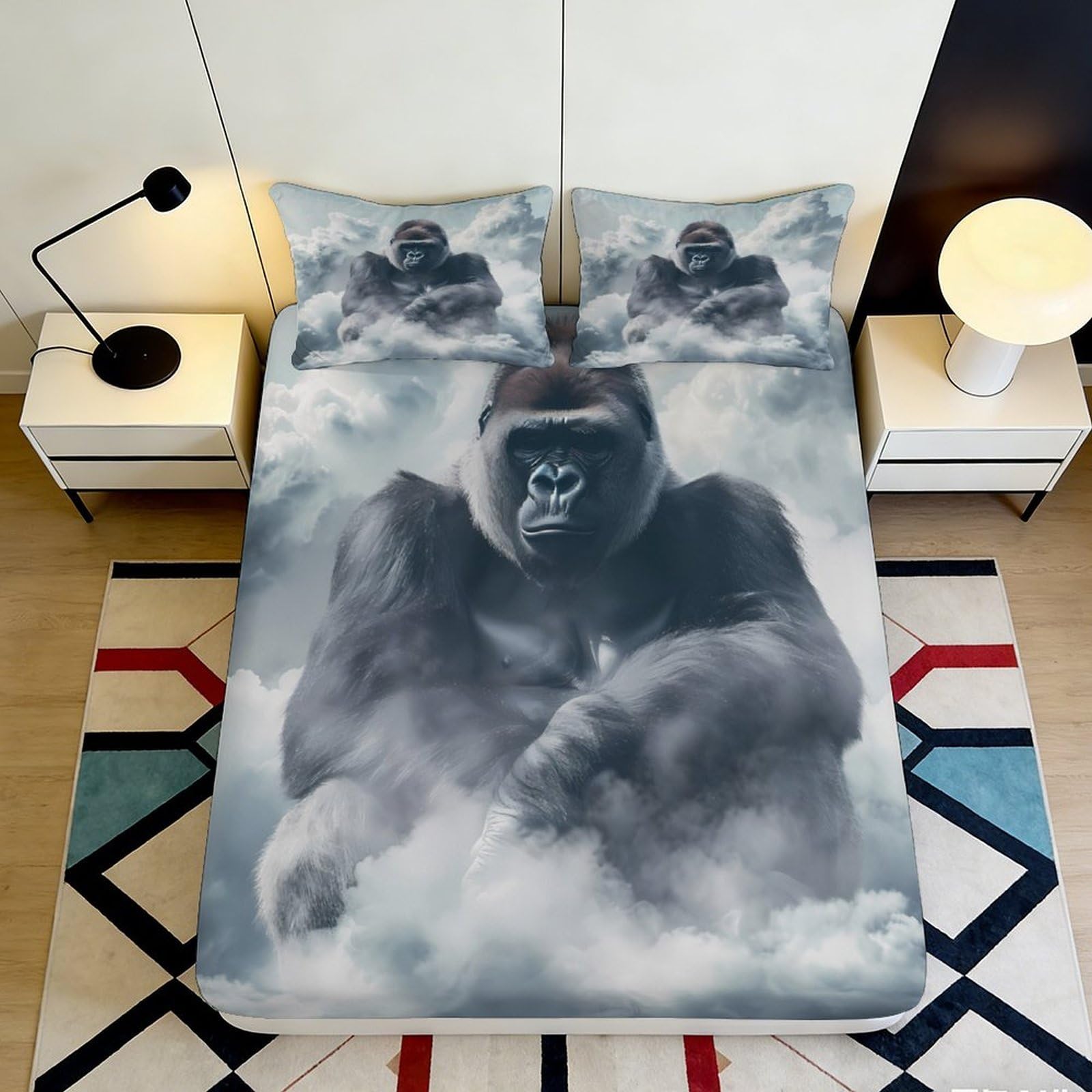 3D Printed Gorilla Cloud Fitted Sheet Microfiber Soft Breathable 3D Printed Gorilla Bed Cover for Bedroom Dormitory Guest Room Mattress Protection Decor 180x200x25cm