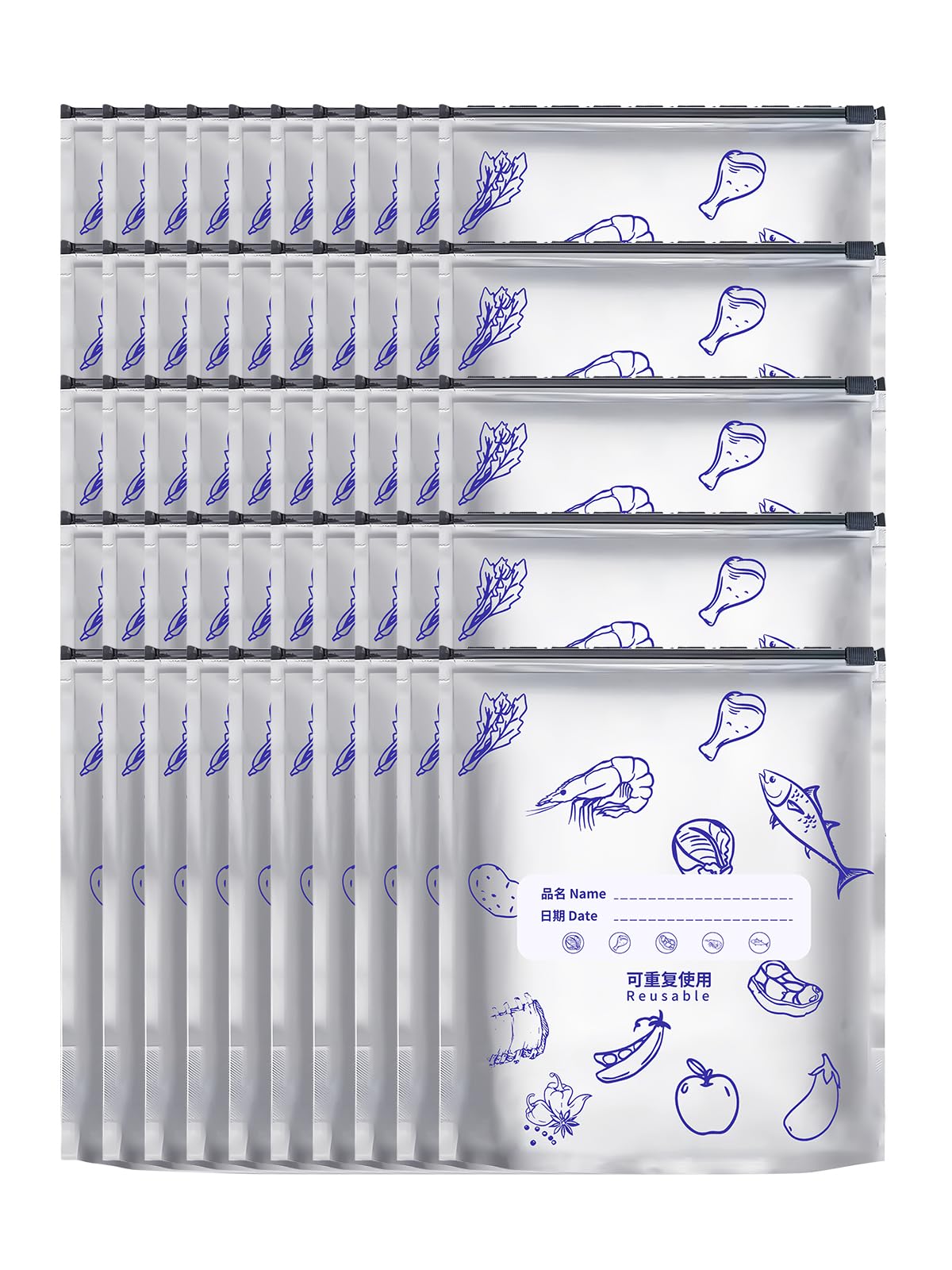 Beyrf Silver 50Pcs Aluminum Foil Slider Storage Bags, Reusable Airtight Food Saver Pouches, Leakproof & Odor-Proof Freezer Bags For Meat, Vegetables, Snacks, Meal Prep - L Pack
