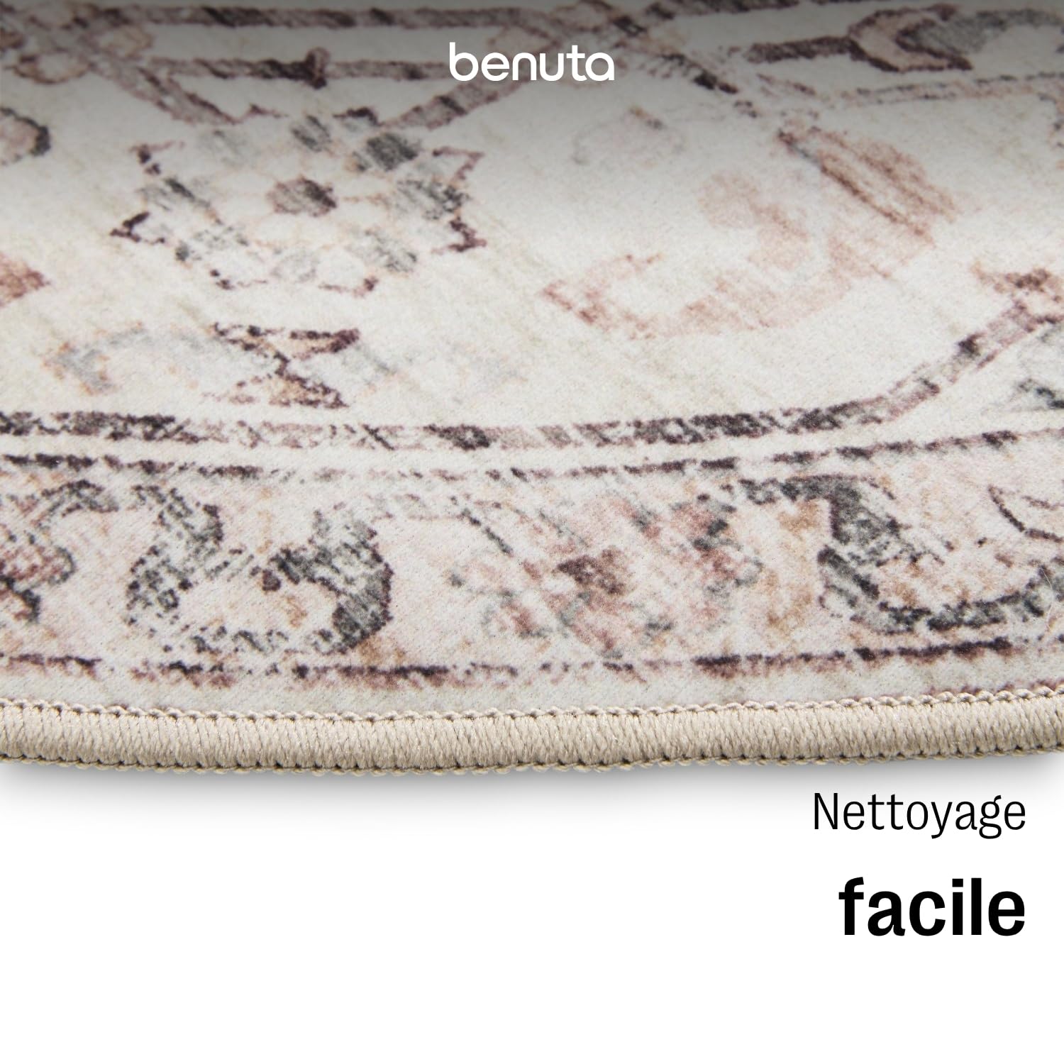 benuta Basic Tapis Salon George - Crème/Taupe 160 cm Rond - Rond Lavable - Vintage, Élégant, Rétro pour Chambre, Couloir, Salle à Manger