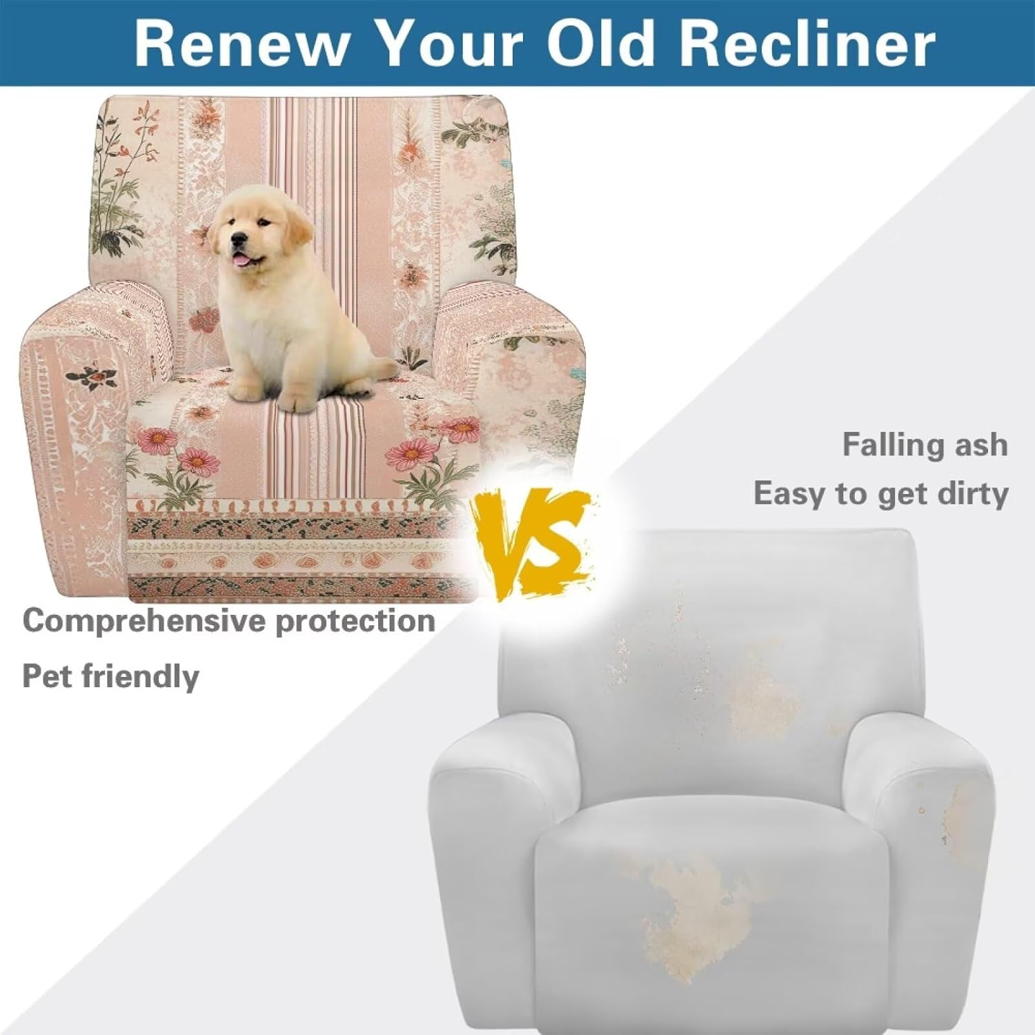 FOR U DESIGNS Floral Butterfly Asethetic Recliner Covers with Pockets 4-Piece Elastic Slipcovers for Reclining Furniture Non Slip Washable Against Pet Hair and Stains
