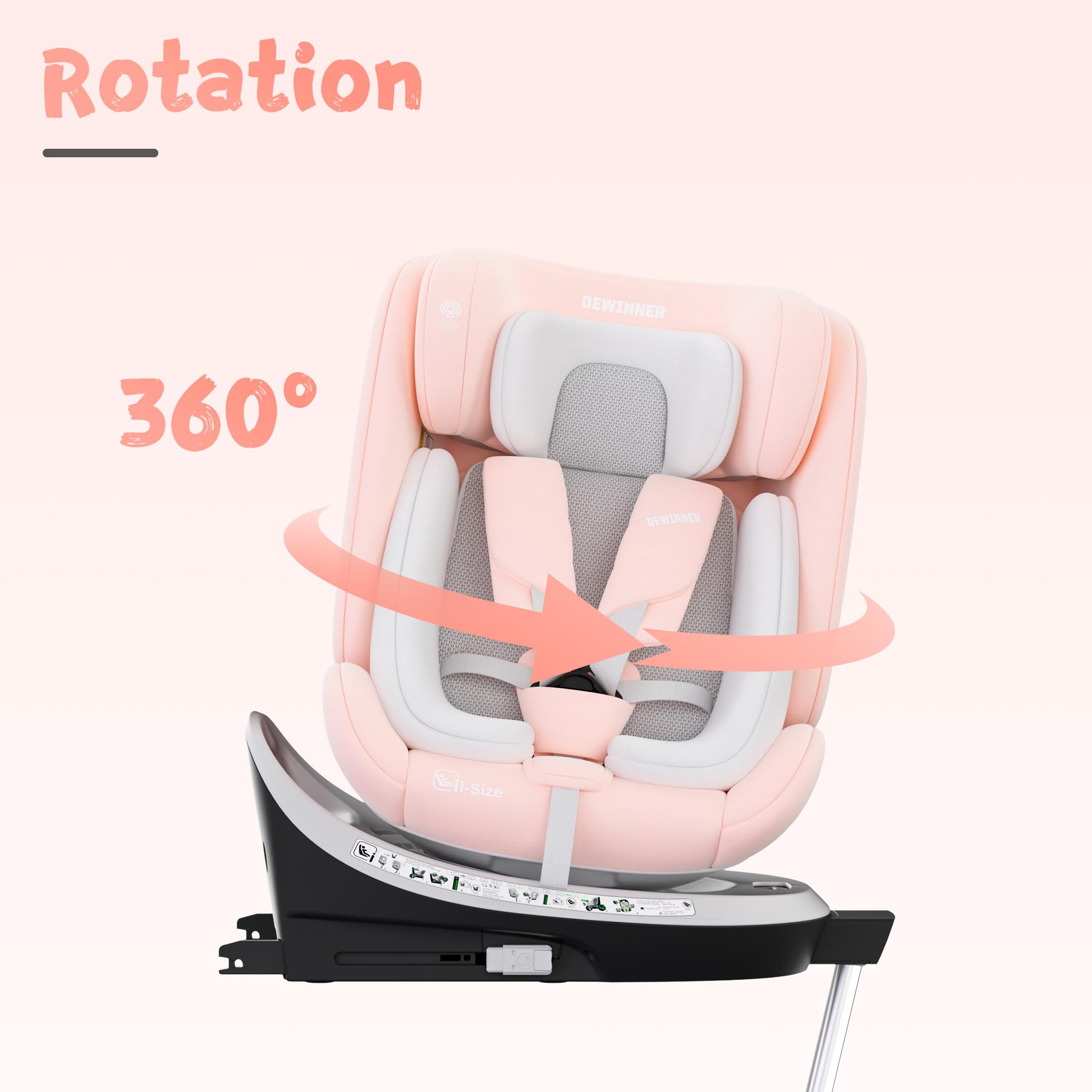 DEWINNER Siège Auto Bébé 0 à 36kg ISOFIX - Siege Auto Pivotant 360°,I-Size Group 0+1/2/3 (40-150cm),Harnais 5 Points Sièges Auto,RWF,FWF,Appui-Tête Réglable,Toit Anti-UV+Pied de Support,ECER129 - Pink