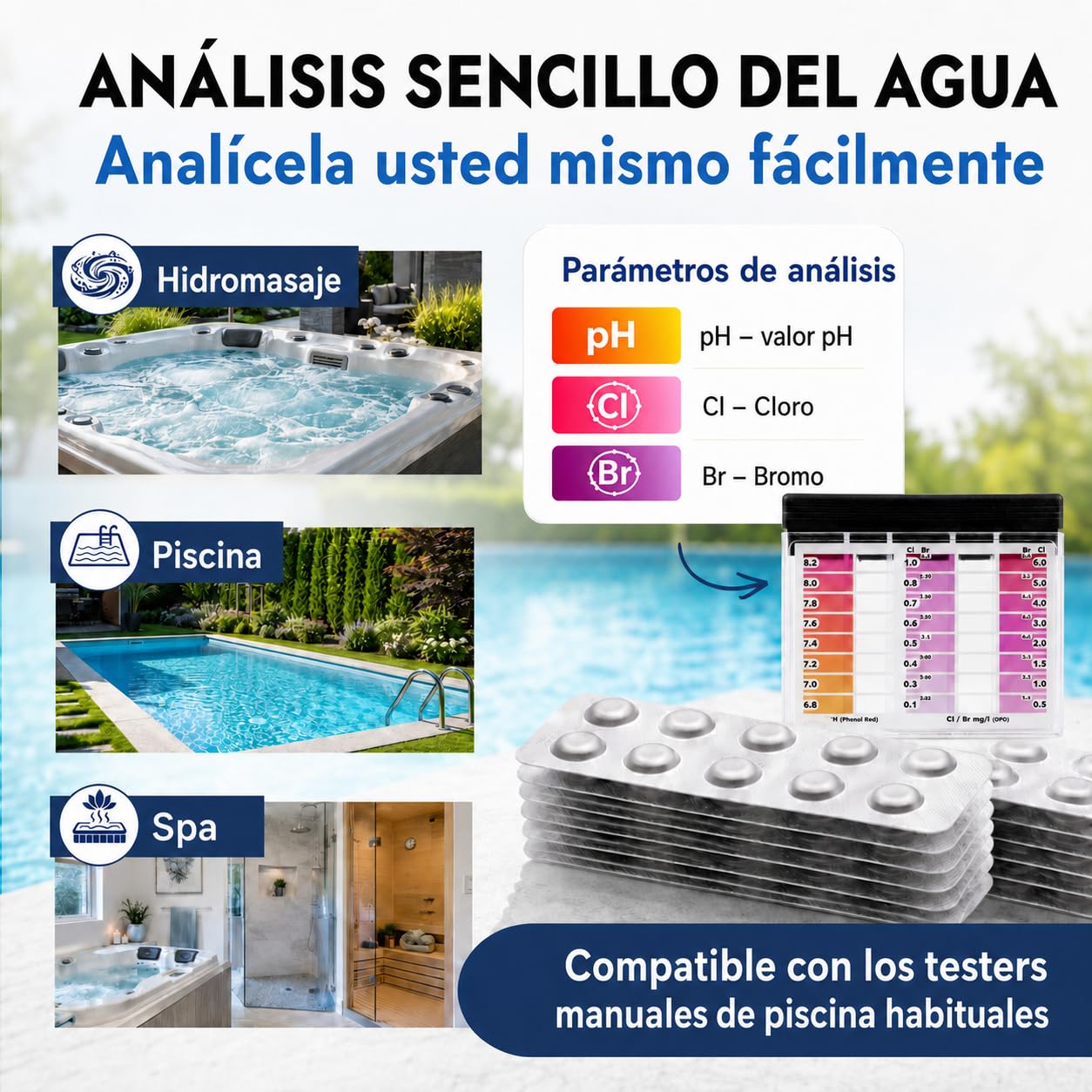 Recambio 200 pastillas reactivas para tester de piscina | 100x DPD1 + 100x Phenol Red | mide cloro libre, bromo y pH | pastillas Rapid para piscina, spa y jacuzzi | para tester manual