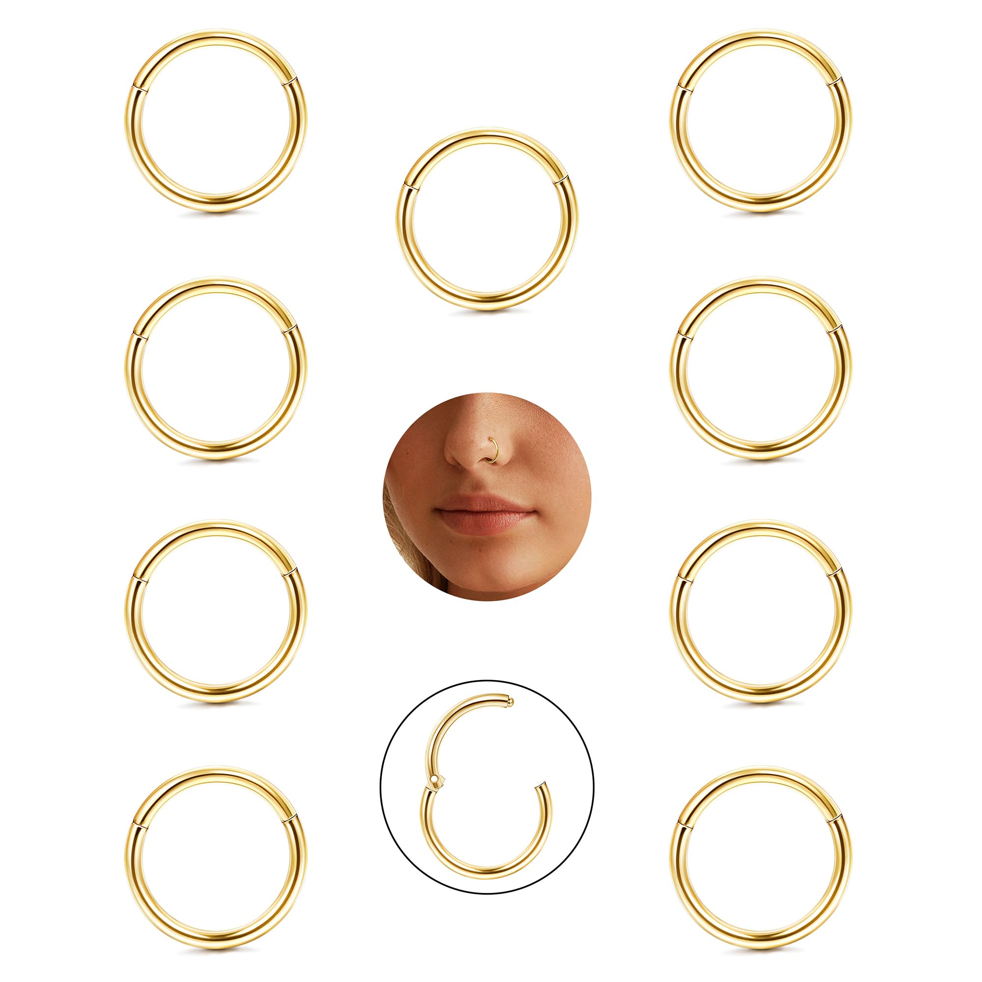 CASSIECA 9pcs 16G Piercing Nariz Anillos Piercing Nariz Aro 316L Acero Quirúrgico Septum Anillo Piercing Nariz Oreja Labio Piercing Helix Pendientes Aro Tragus Conch Daith Rook Pendientes 8mm/10mm