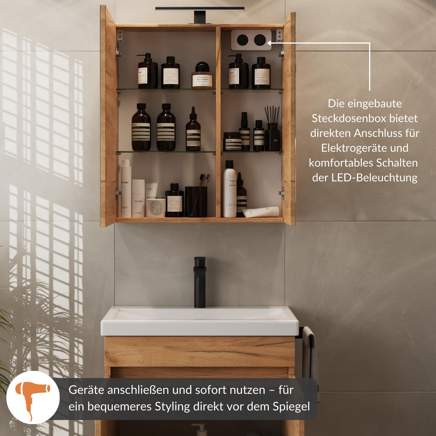 Planetmöbel Armoire de Toilette avec éclairage LED 60cm chêne doré