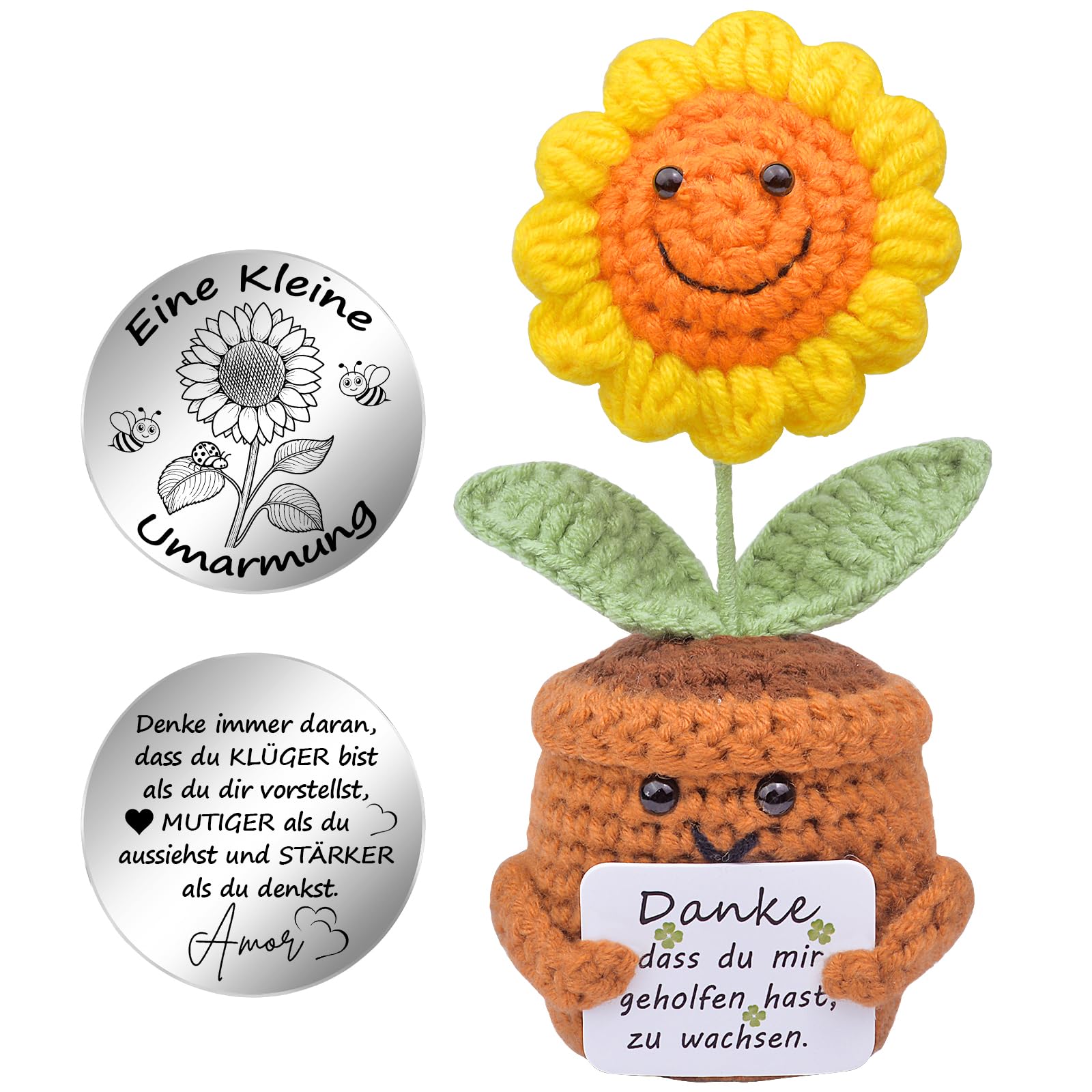 Mwmoeen Pocket Hug Positive Sonnenblume Glücksbringer, Gehäkelte Sonnenblume und Kleine Umarmung Glücksbringer (Silber), Dankeschön Geschenk, Weihnachten Geschenke für Frauen